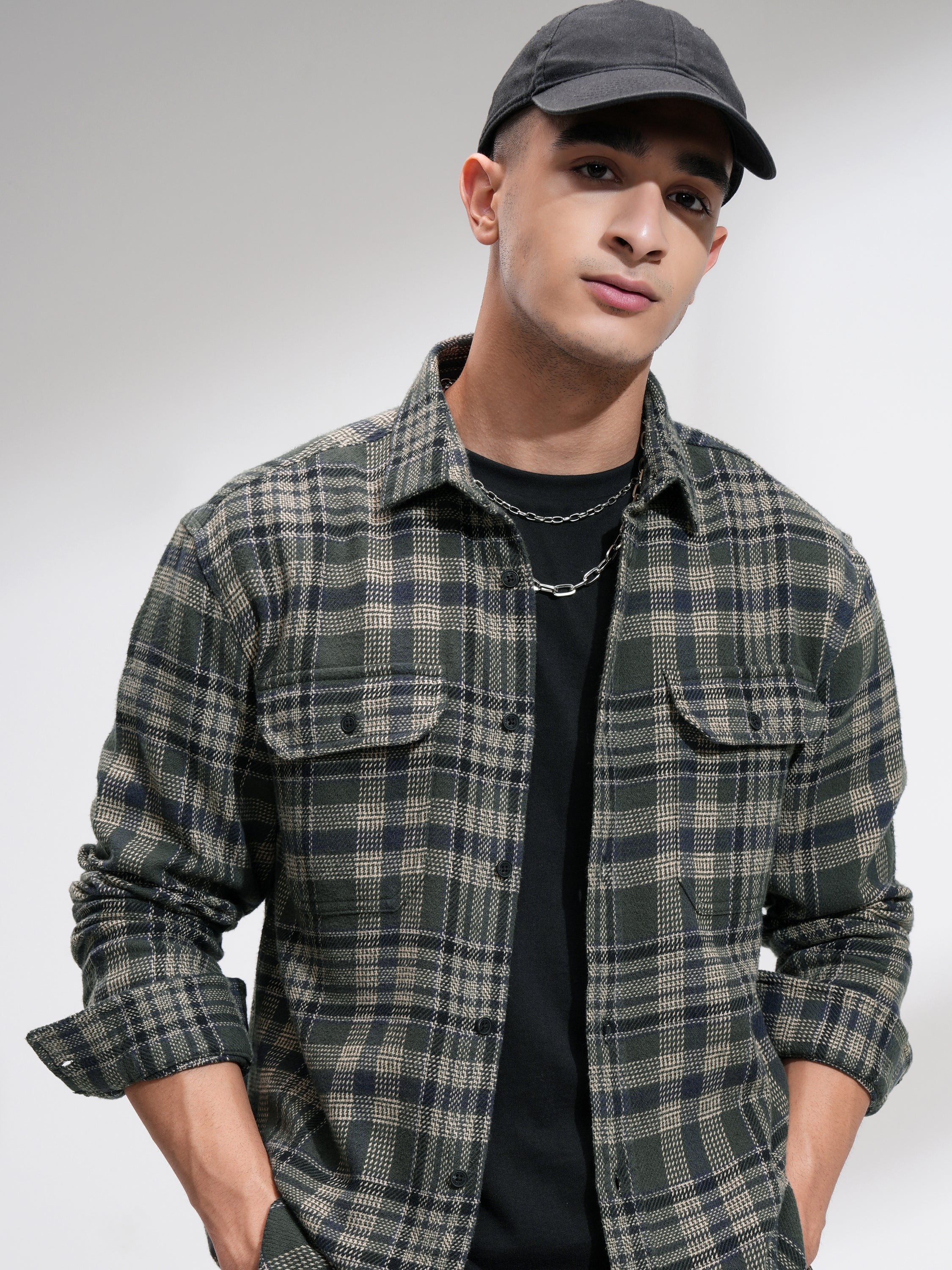 Highlander Men Olive Checked Relaxed Fit Casual Shirt - Olive - Image 1