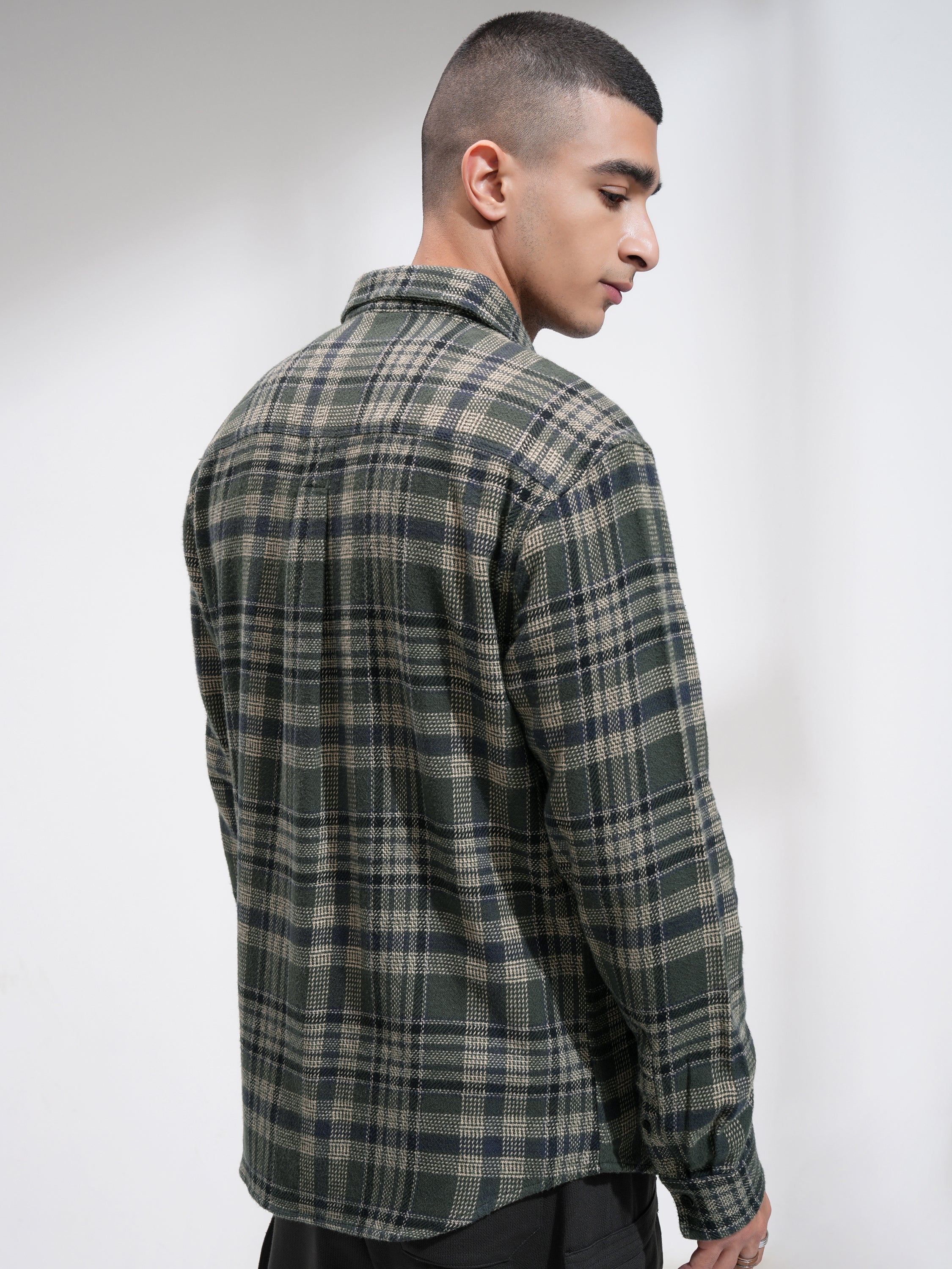 Highlander Men Olive Checked Relaxed Fit Casual Shirt - Olive - Image 3