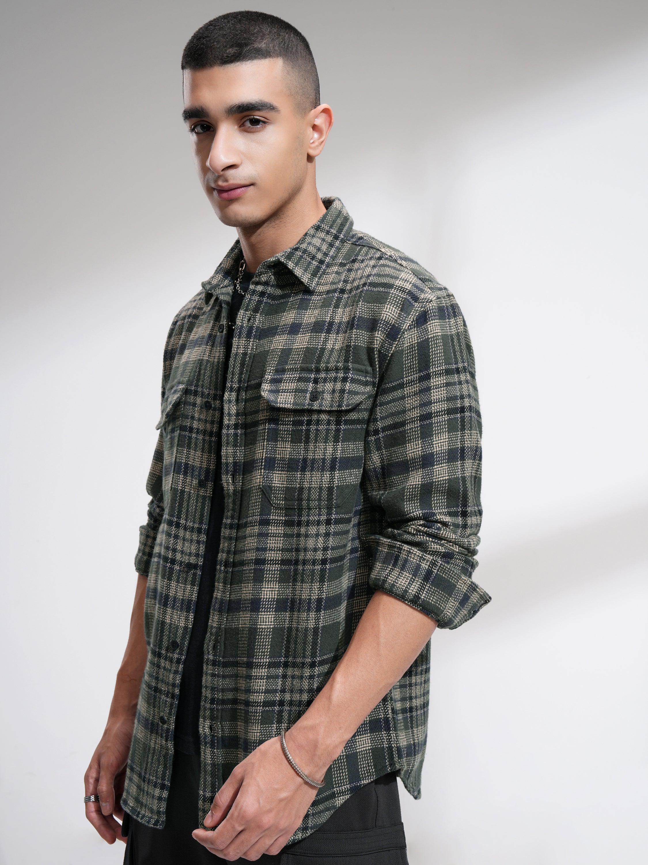 Highlander Men Olive Checked Relaxed Fit Casual Shirt - Olive - Image 4