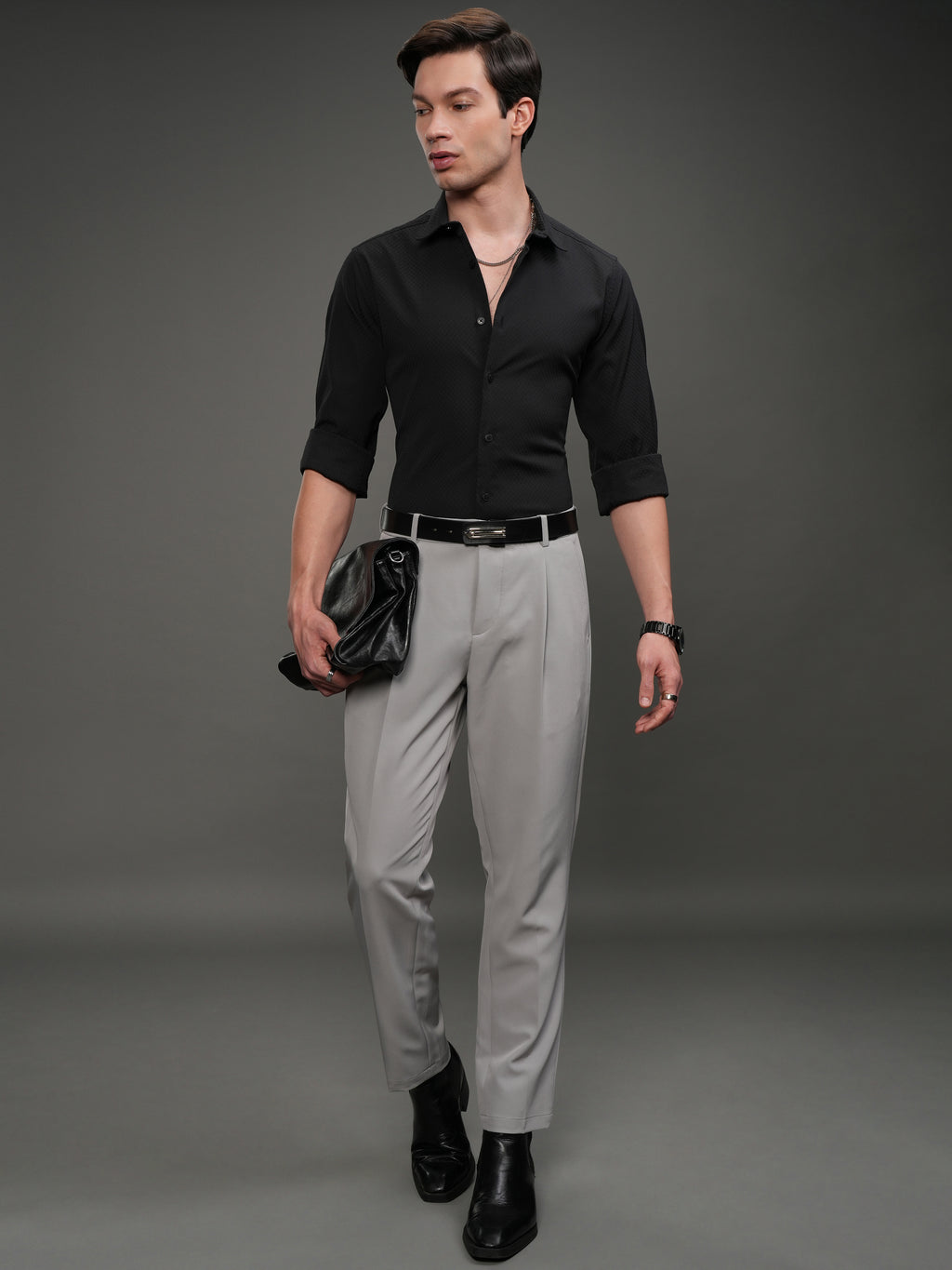 Highlander Men Black Self Design Slim Fit Casual Shirt - Black - Image 2