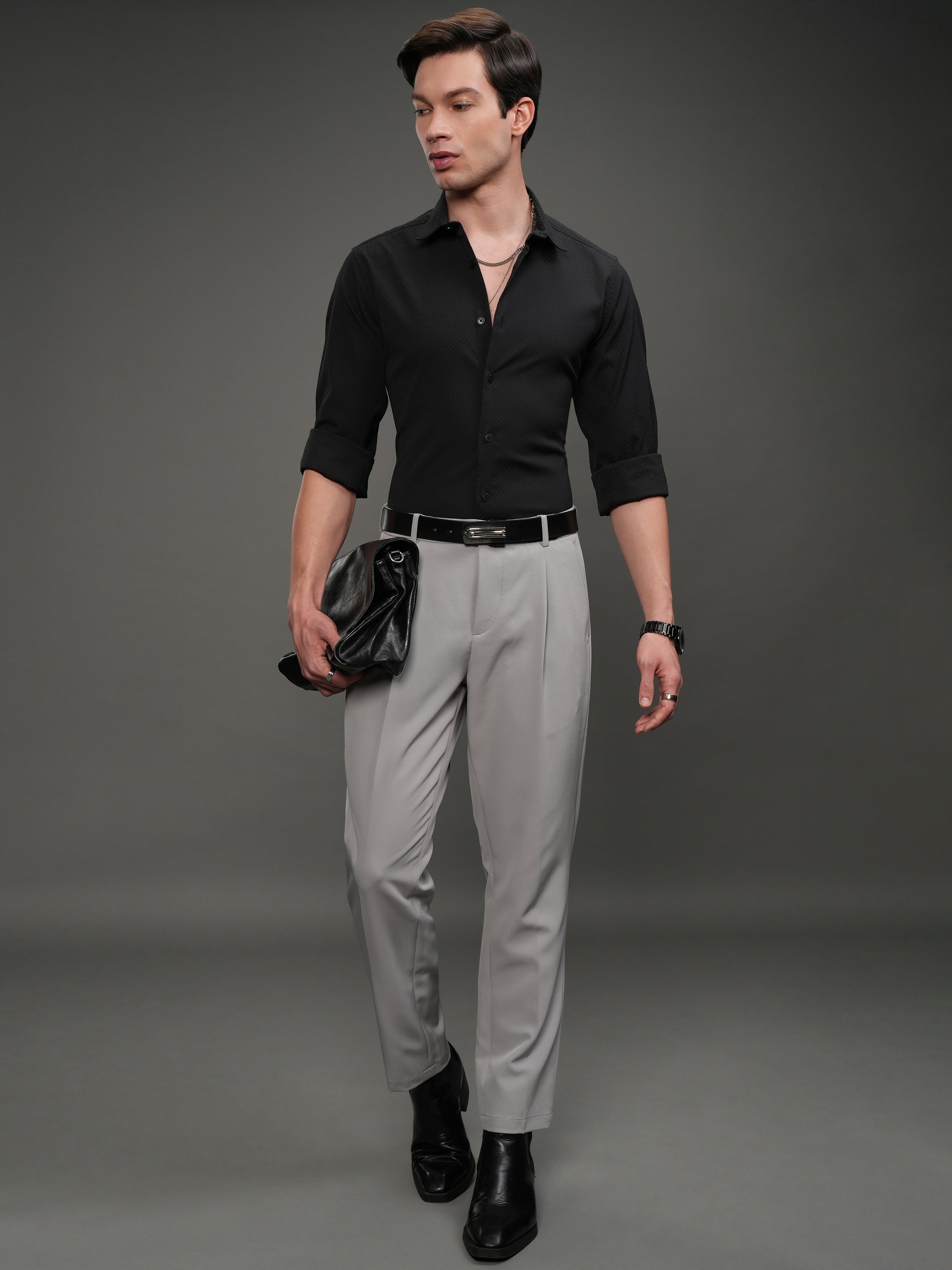Highlander Men Black Self Design Slim Fit Casual Shirt - Black - Image 2