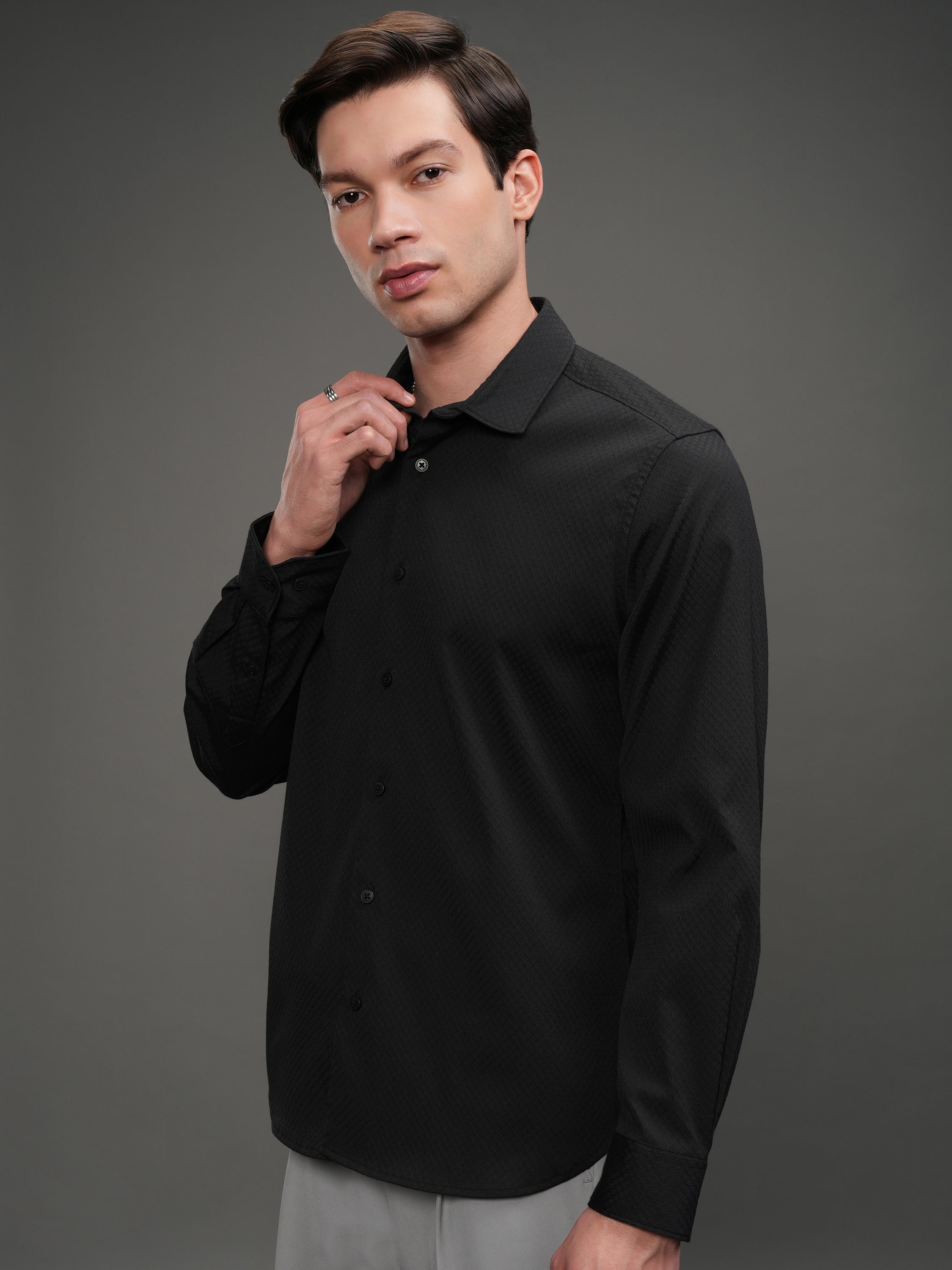 Highlander Men Black Self Design Slim Fit Casual Shirt - Black - Image 4