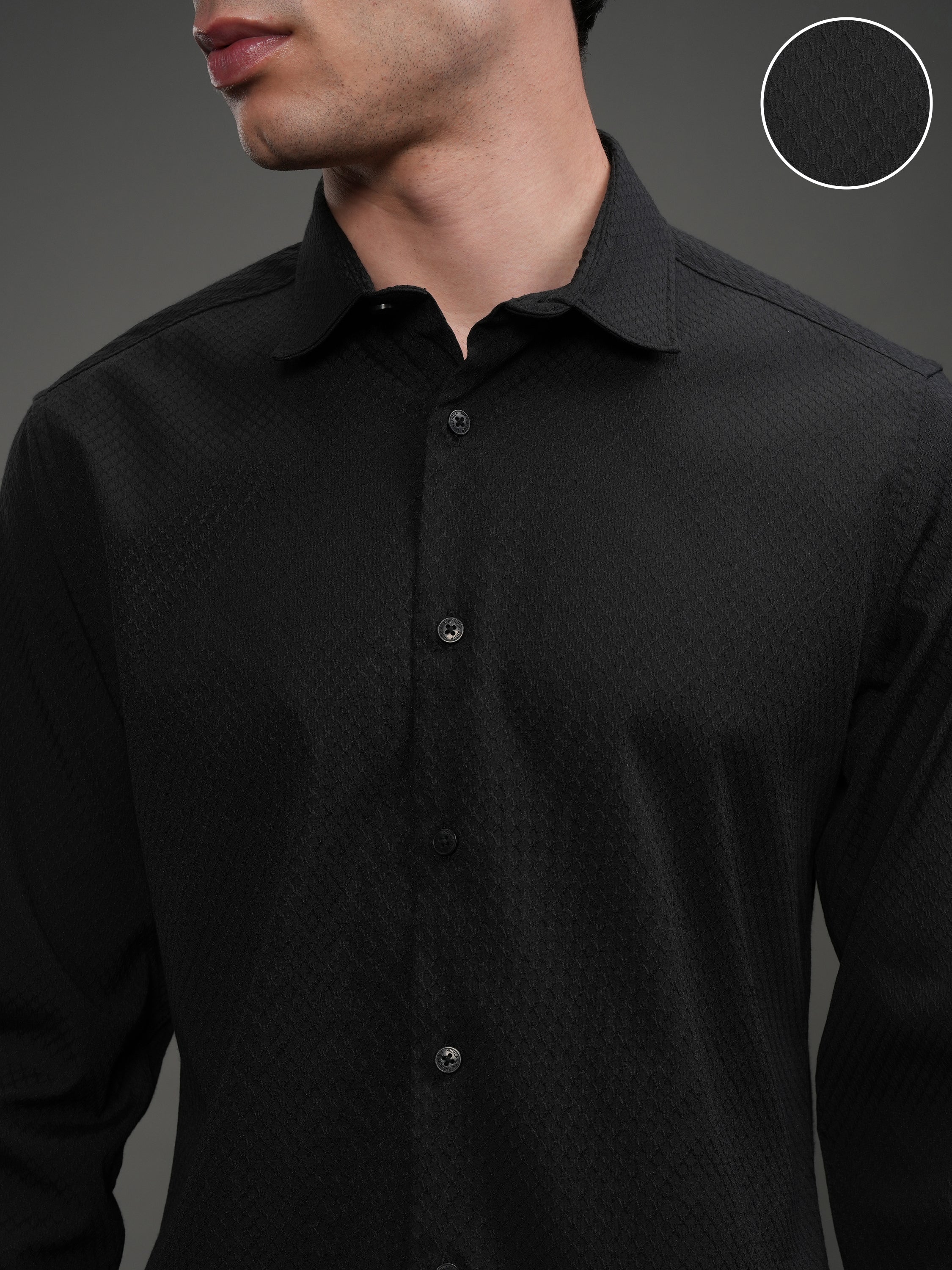 Highlander Men Black Self Design Slim Fit Casual Shirt - Black - Image 5