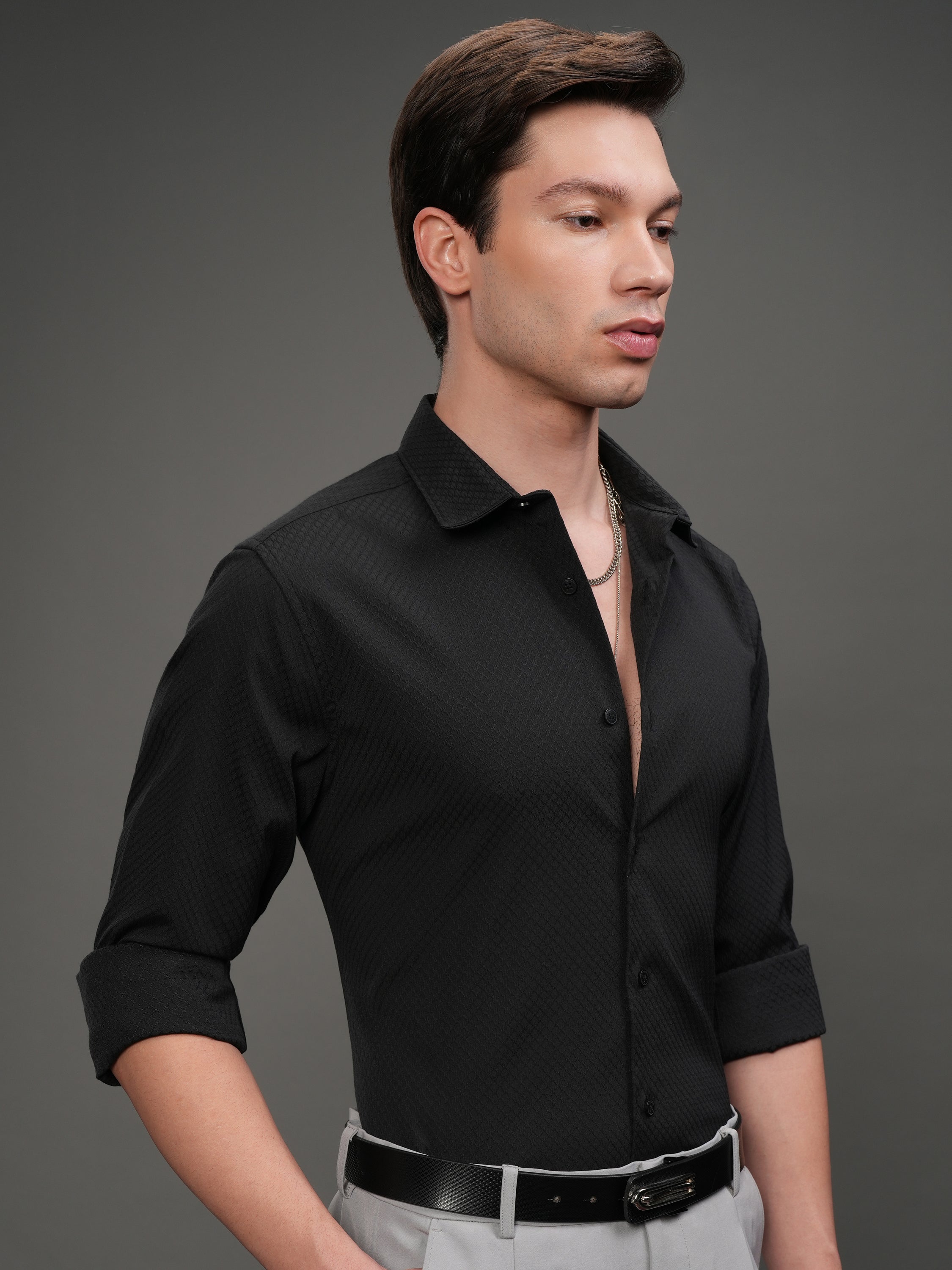 Highlander Men Black Self Design Slim Fit Casual Shirt - Black - Image 6