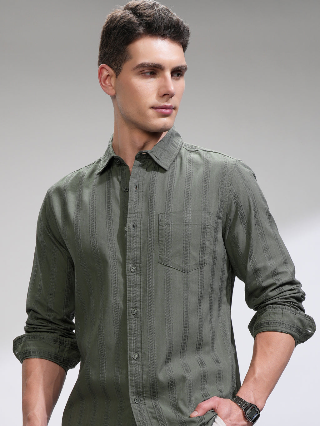 Highlander Men Olive Self Design Relaxed Fit Casual Shirt - Olive - Image 1