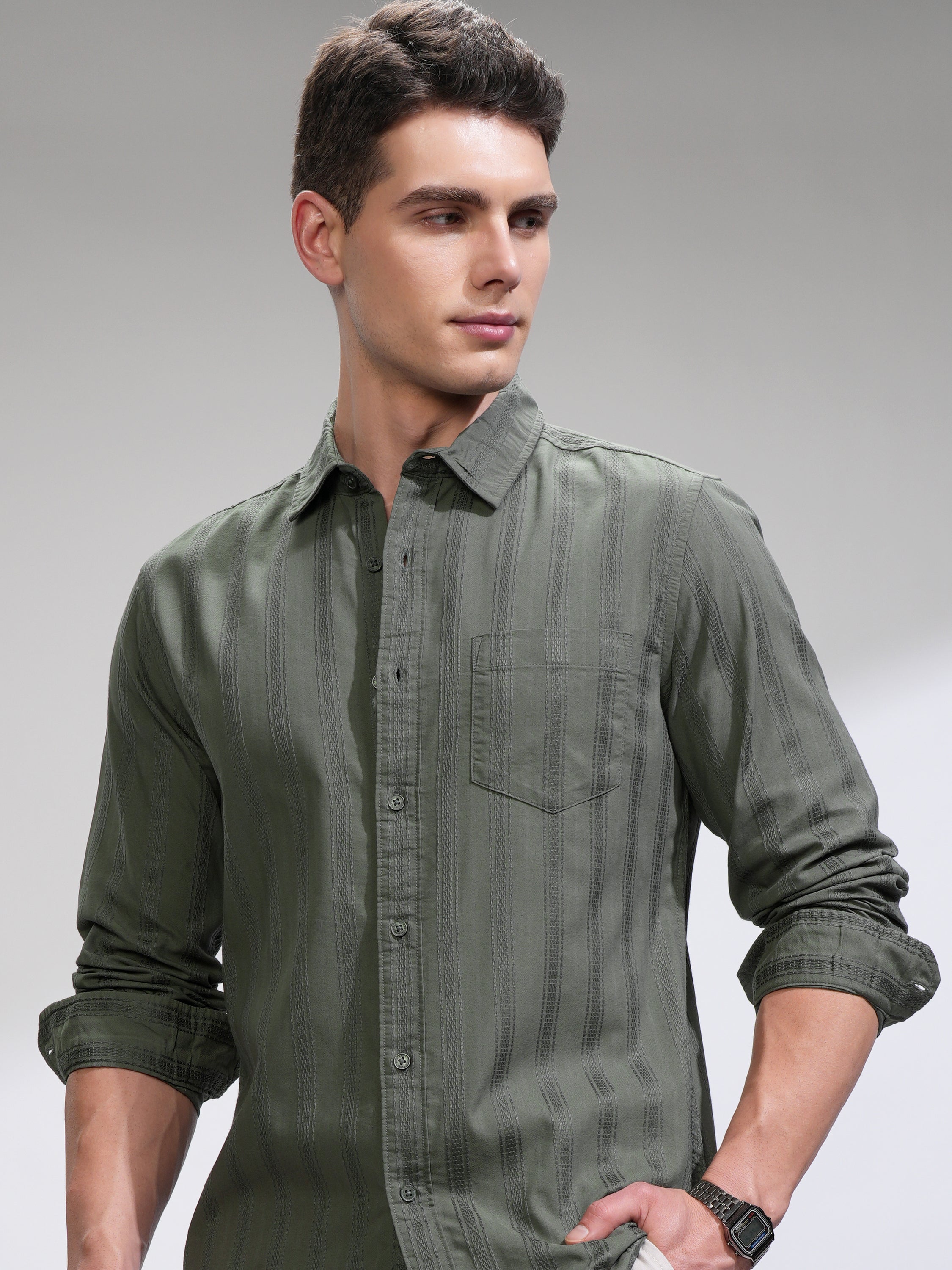 Highlander Men Olive Self Design Relaxed Fit Casual Shirt - Olive - Image 1