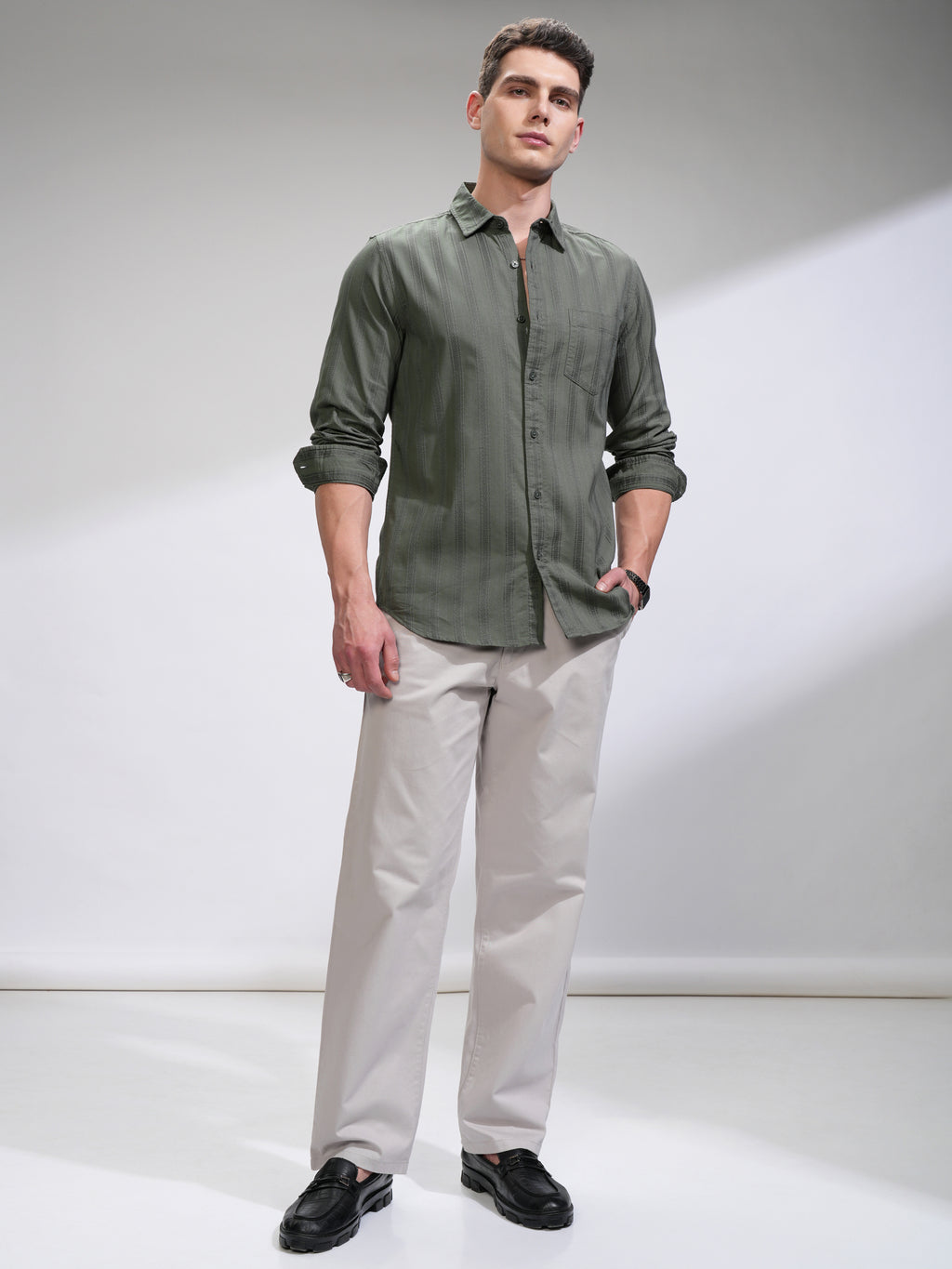 Highlander Men Olive Self Design Relaxed Fit Casual Shirt - Olive - Image 2