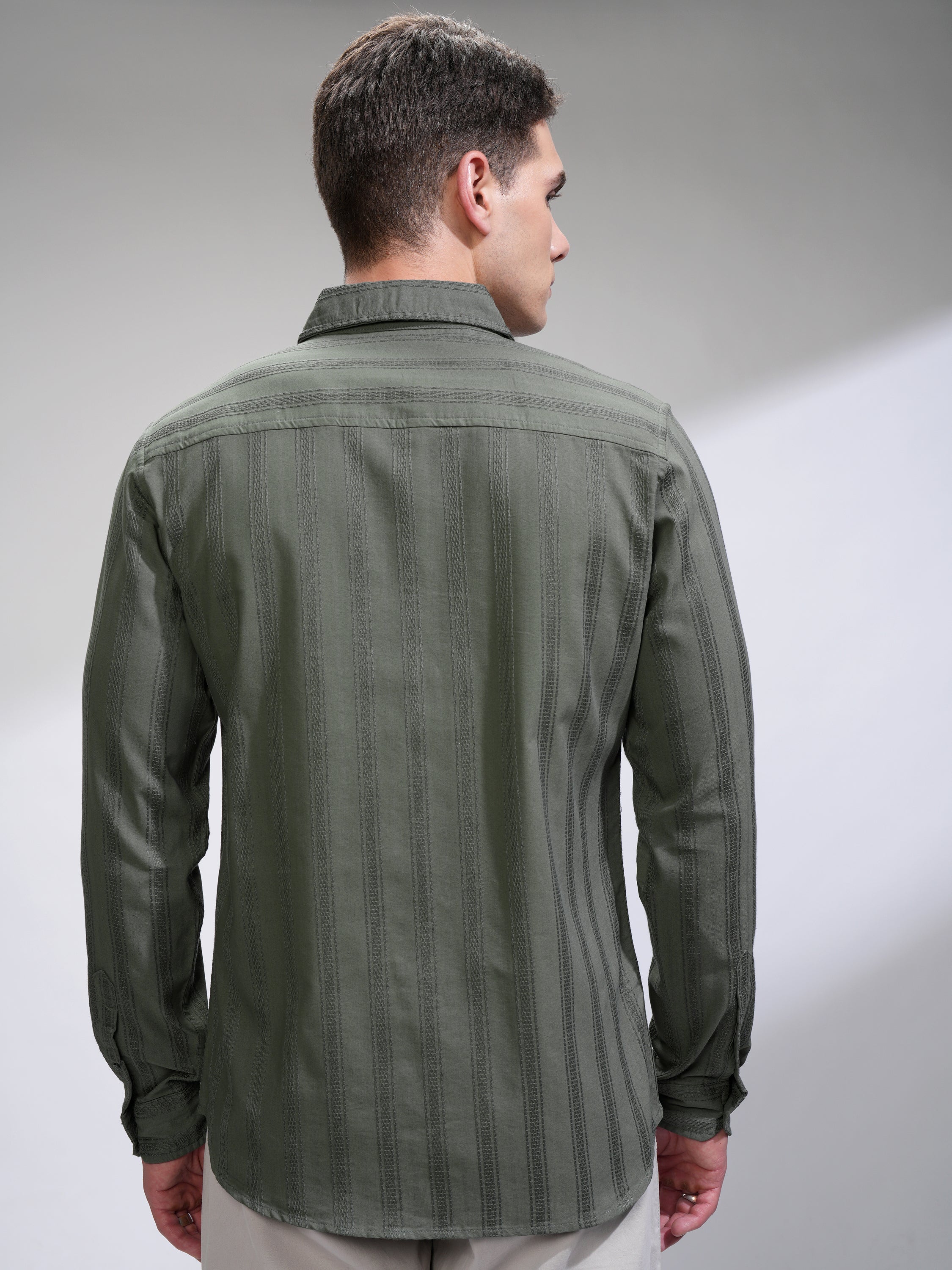 Highlander Men Olive Self Design Relaxed Fit Casual Shirt - Olive - Image 3