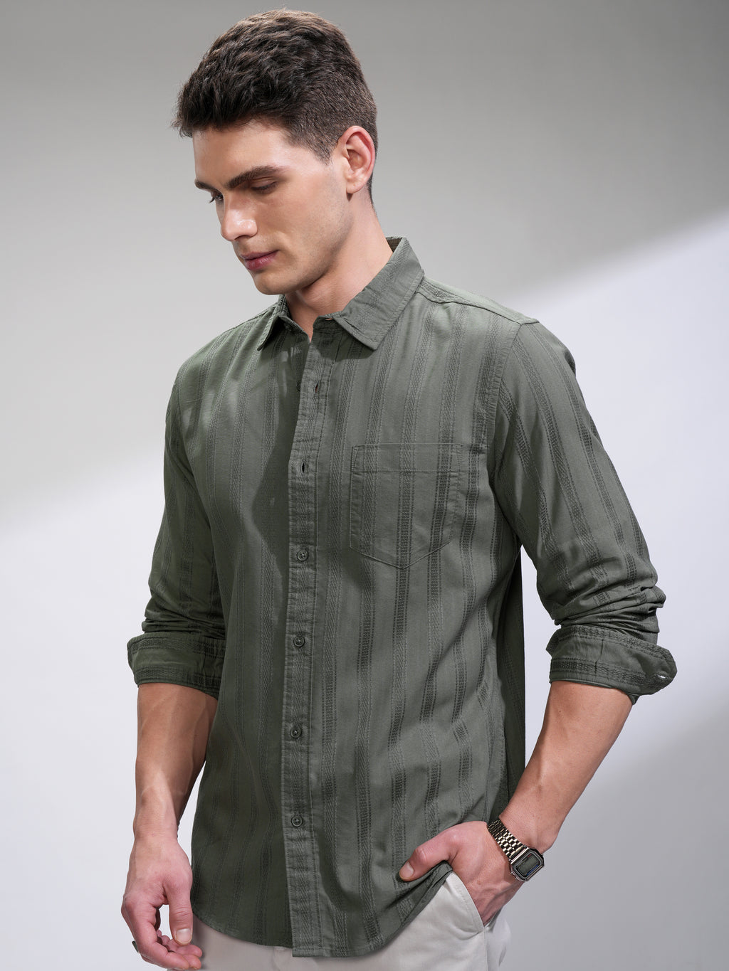 Highlander Men Olive Self Design Relaxed Fit Casual Shirt - Olive - Image 4