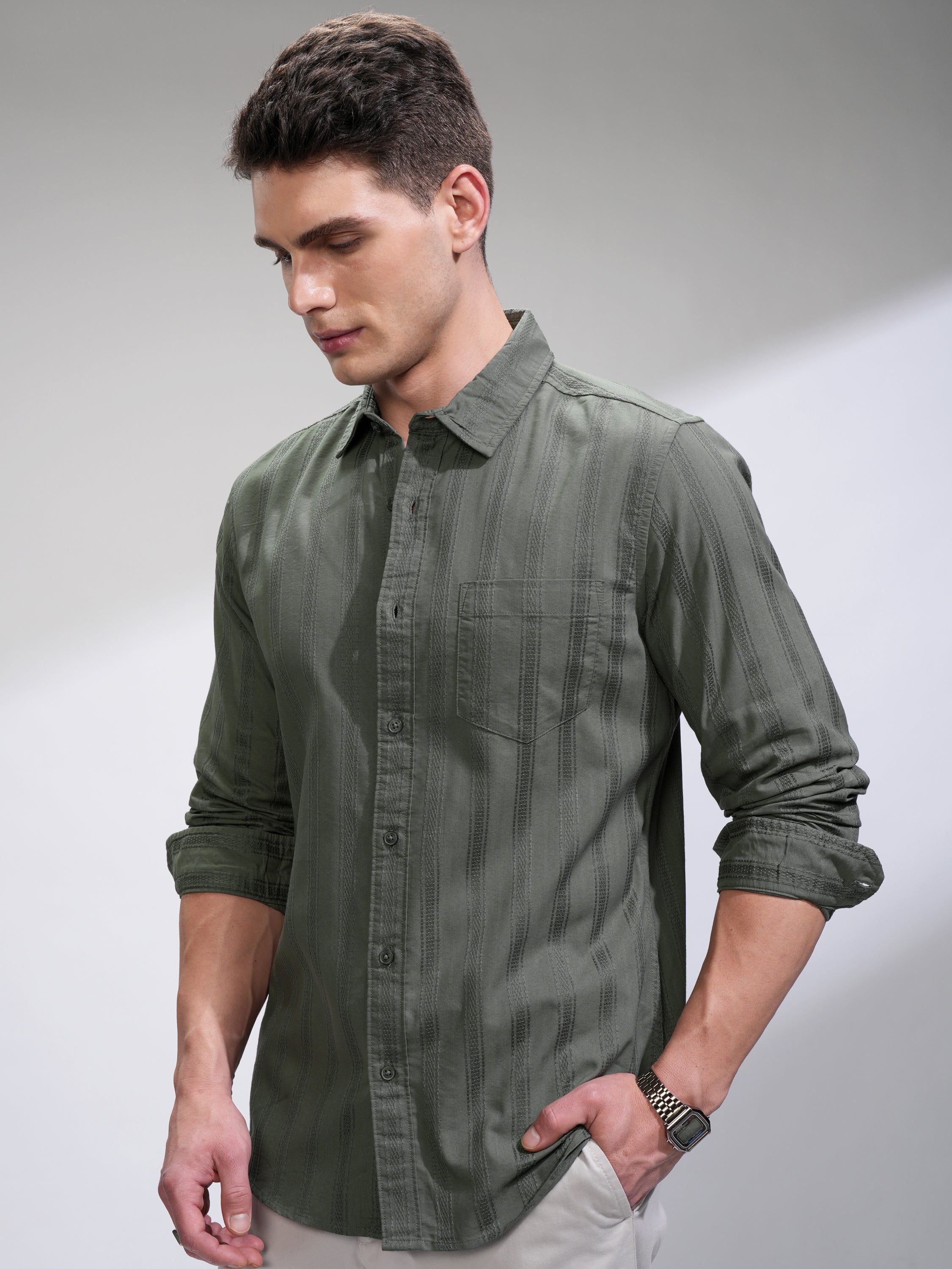 Highlander Men Olive Self Design Relaxed Fit Casual Shirt - Olive - Image 4