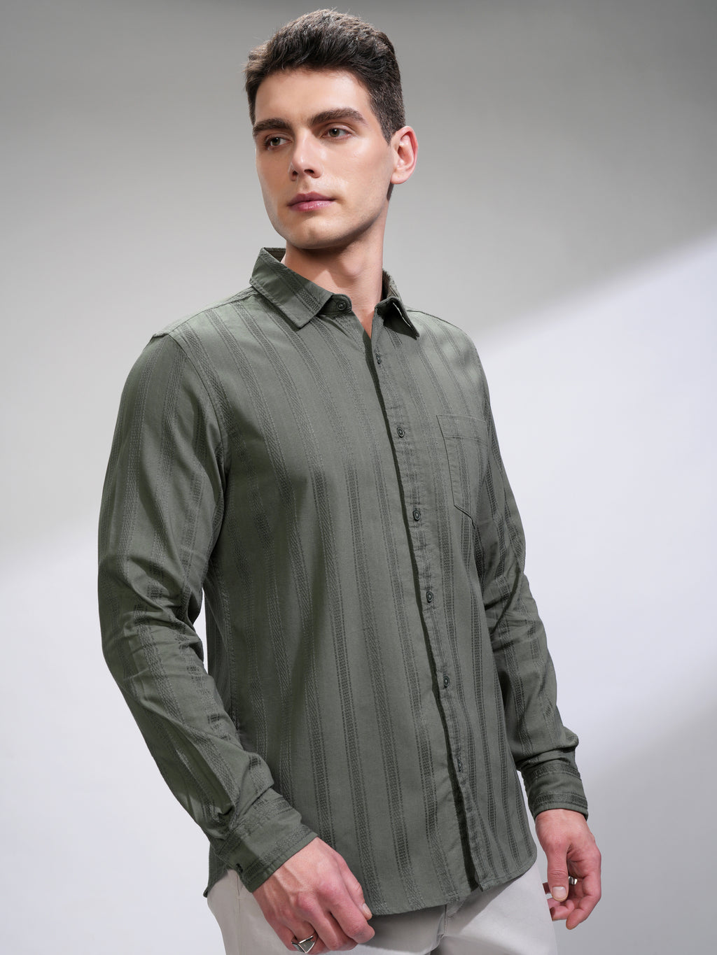 Highlander Men Olive Self Design Relaxed Fit Casual Shirt - Olive - Image 6