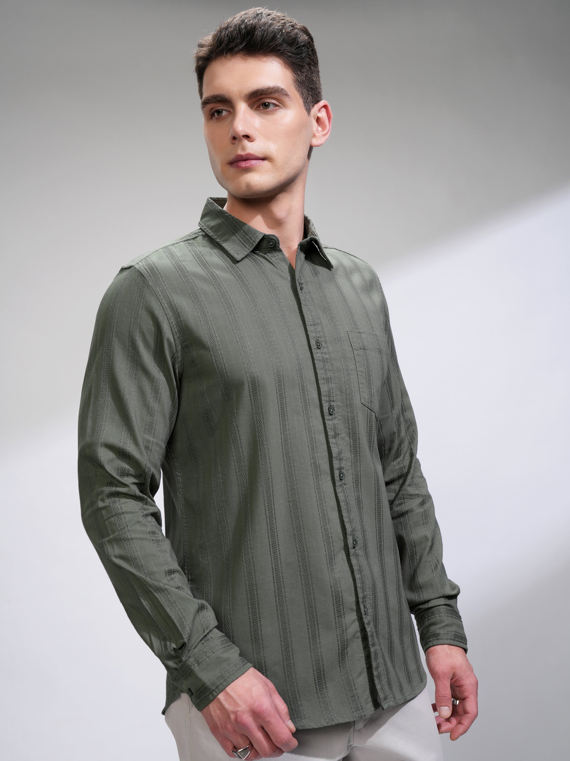 Highlander Men Olive Self Design Relaxed Fit Casual Shirt - Olive - Image 6