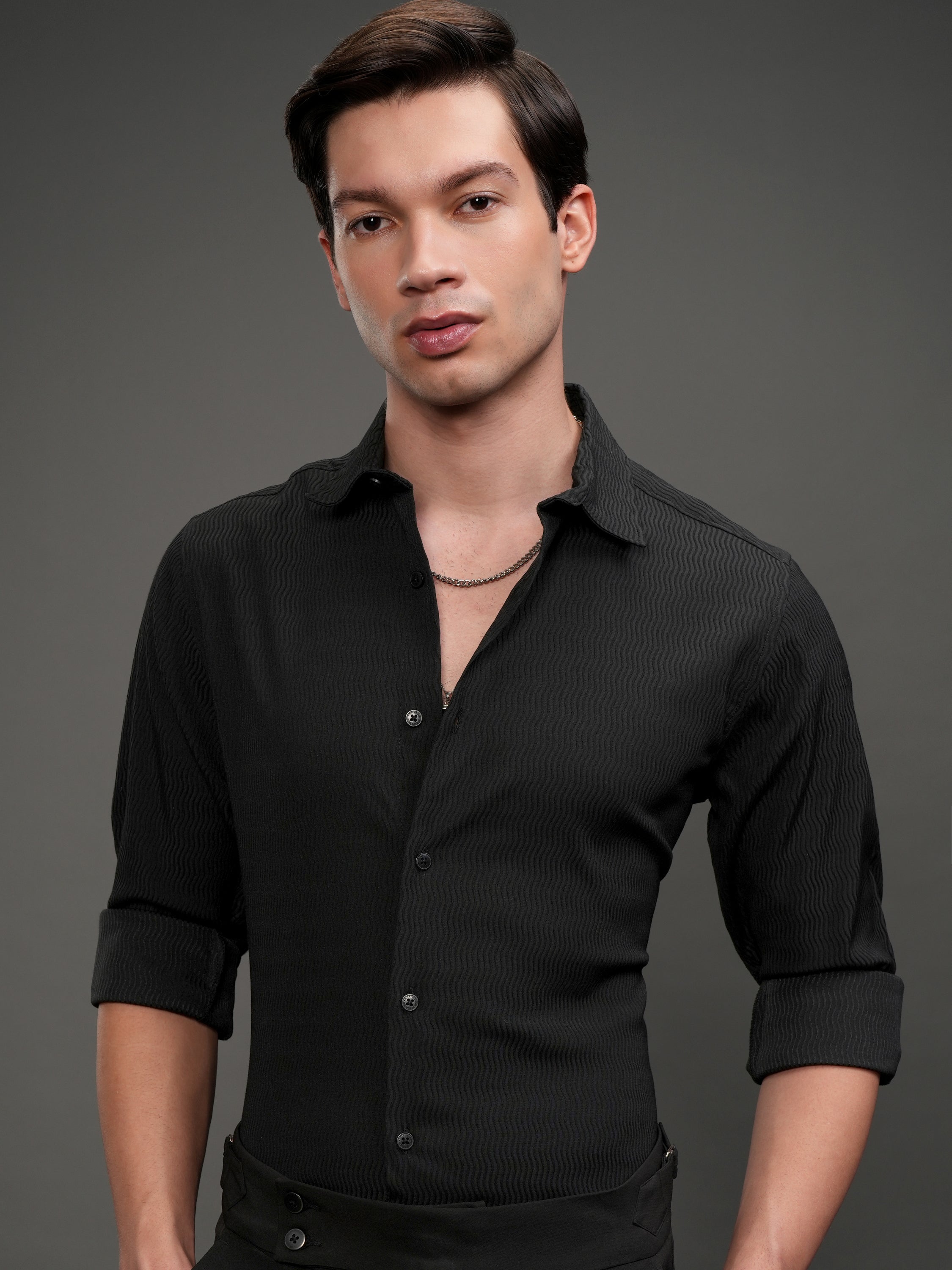 Highlander Men Black Self Design Slim Fit Casual Shirt - Black - Image 1