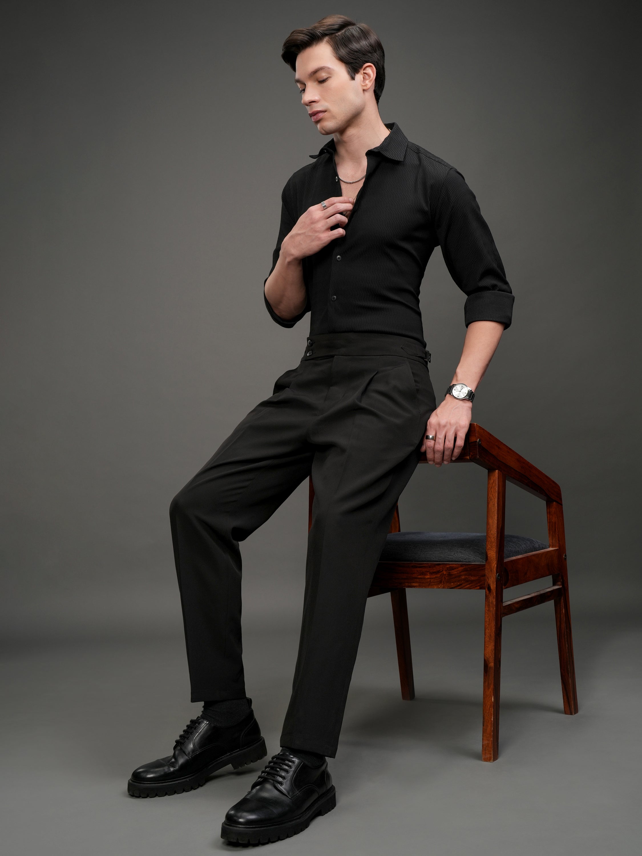 Highlander Men Black Self Design Slim Fit Casual Shirt - Black - Image 2