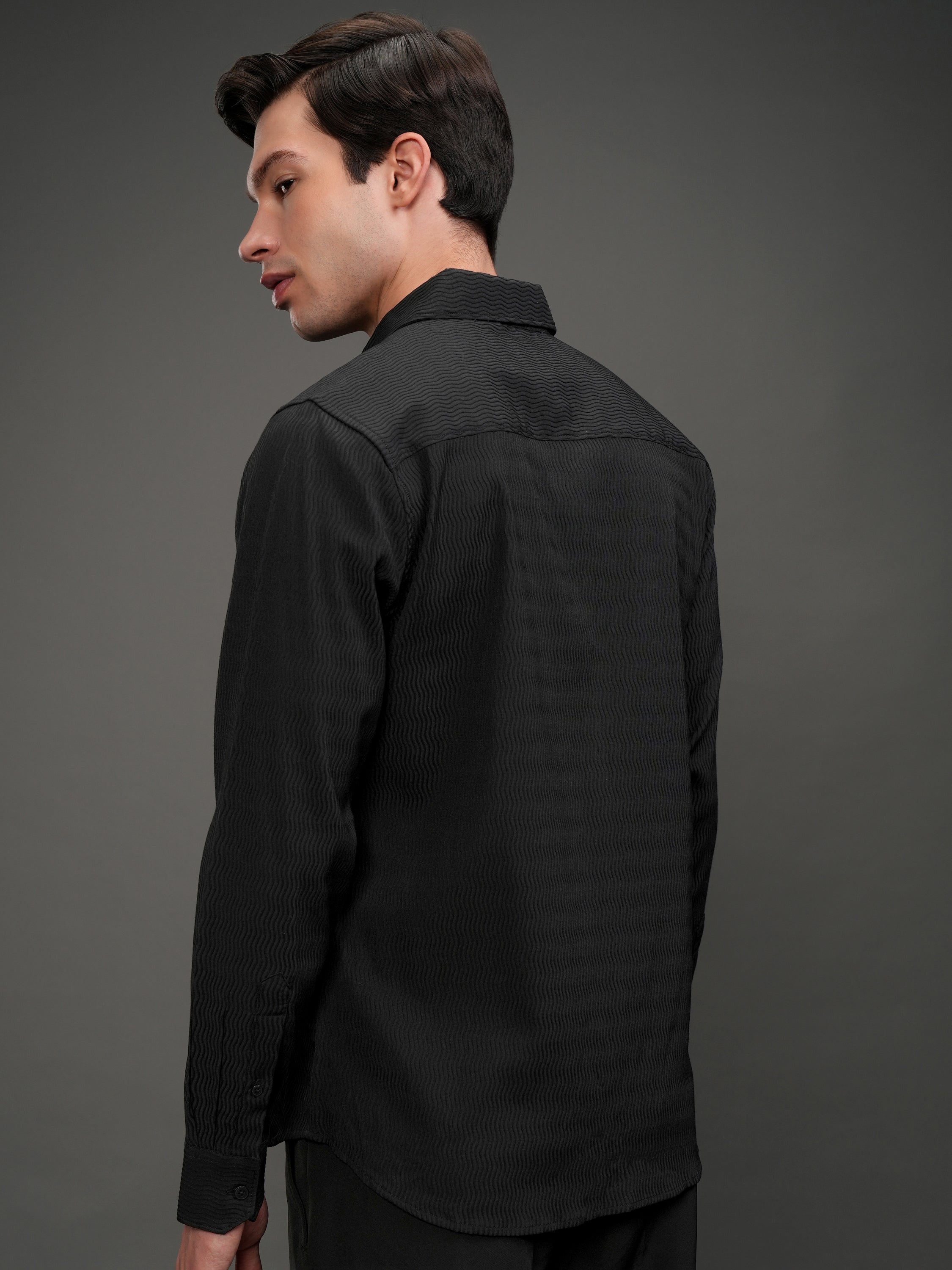 Highlander Men Black Self Design Slim Fit Casual Shirt - Black - Image 3