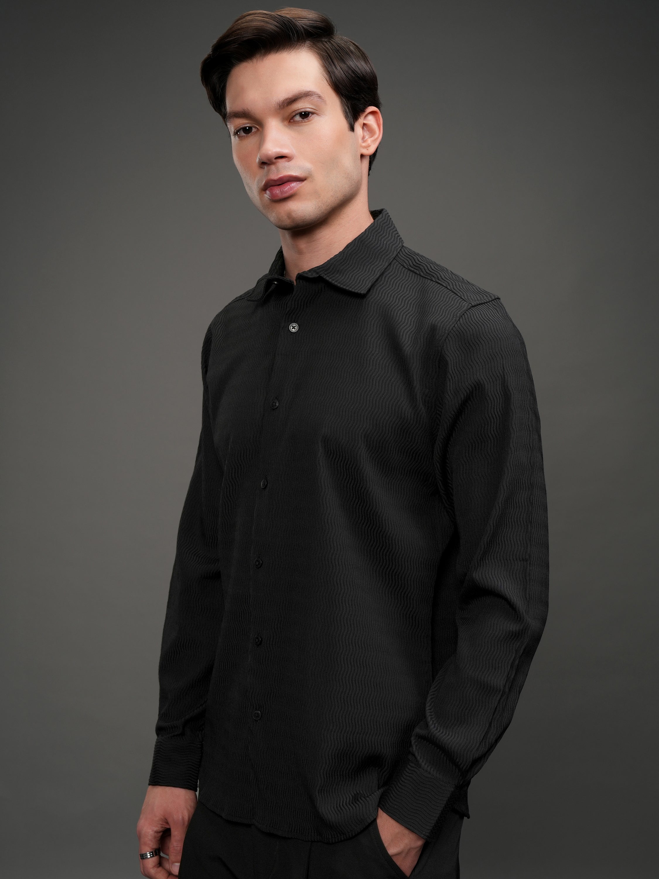 Highlander Men Black Self Design Slim Fit Casual Shirt - Black - Image 4