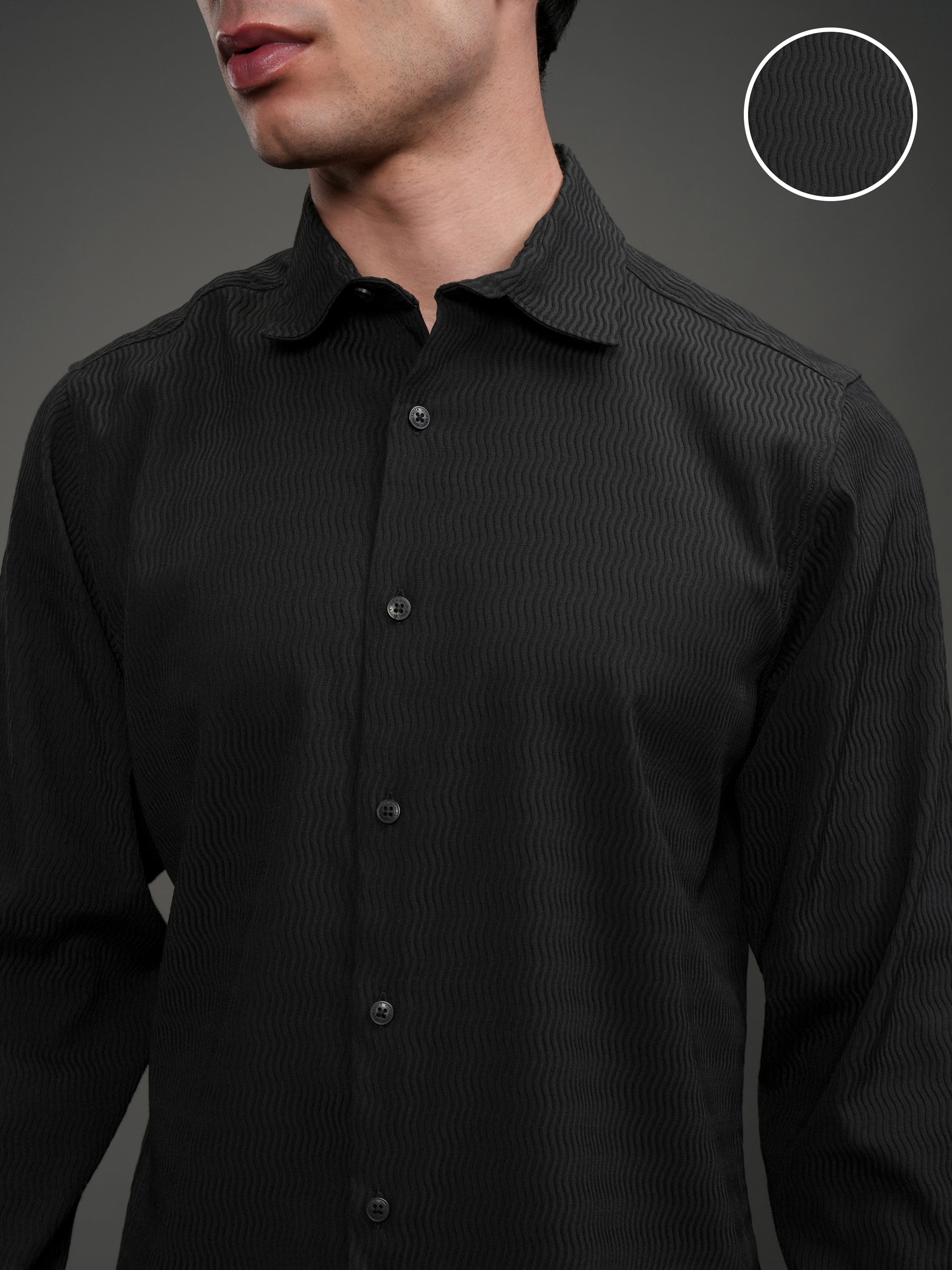 Highlander Men Black Self Design Slim Fit Casual Shirt - Black - Image 5