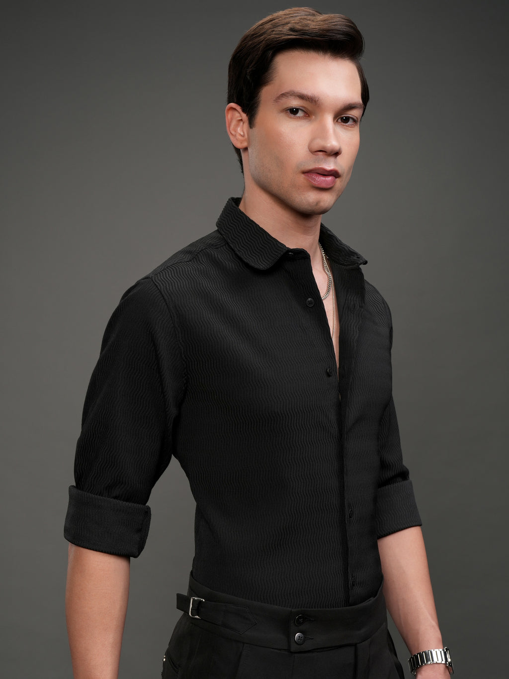 Highlander Men Black Self Design Slim Fit Casual Shirt - Black - Image 6