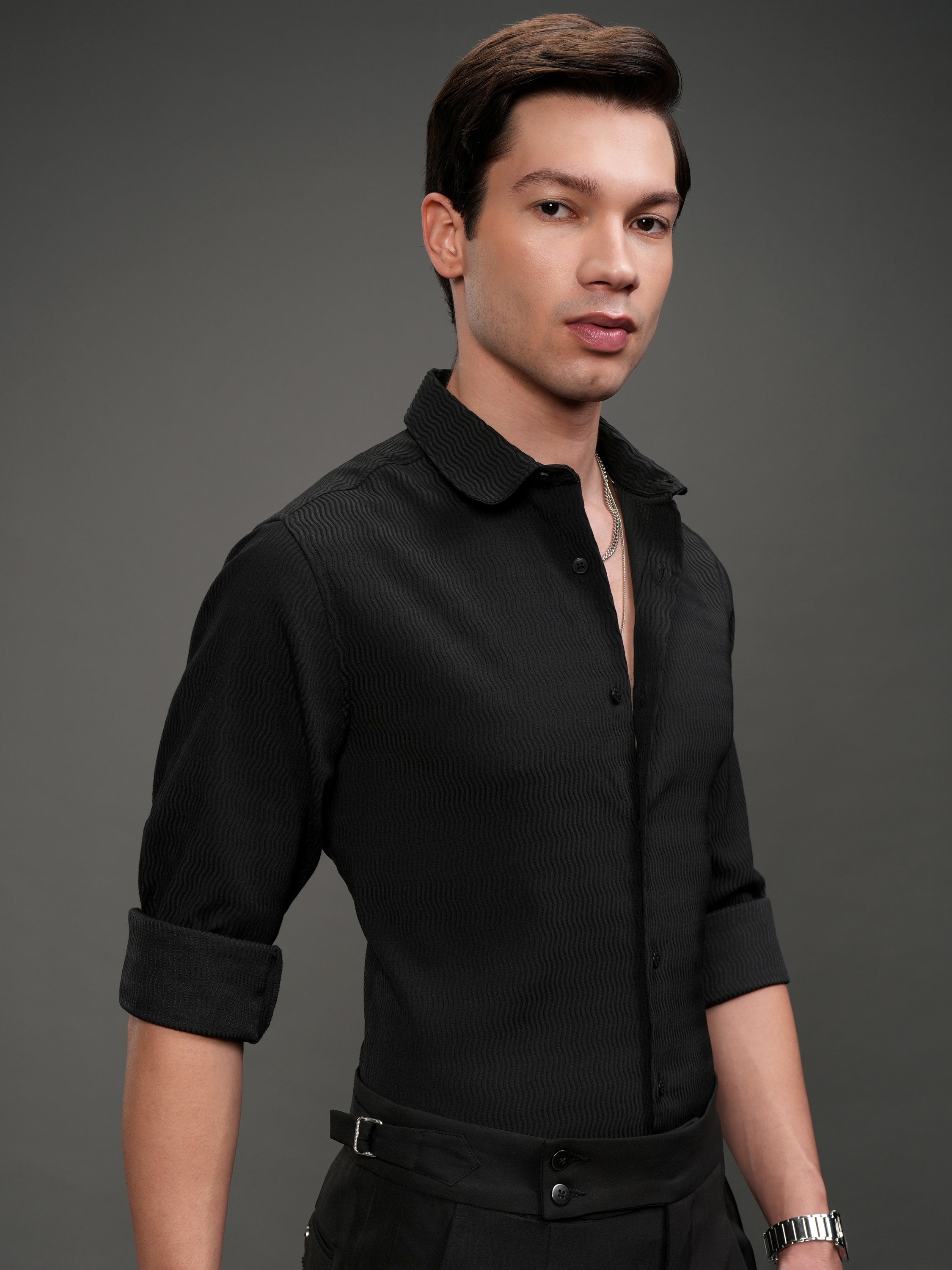 Highlander Men Black Self Design Slim Fit Casual Shirt - Black - Image 6