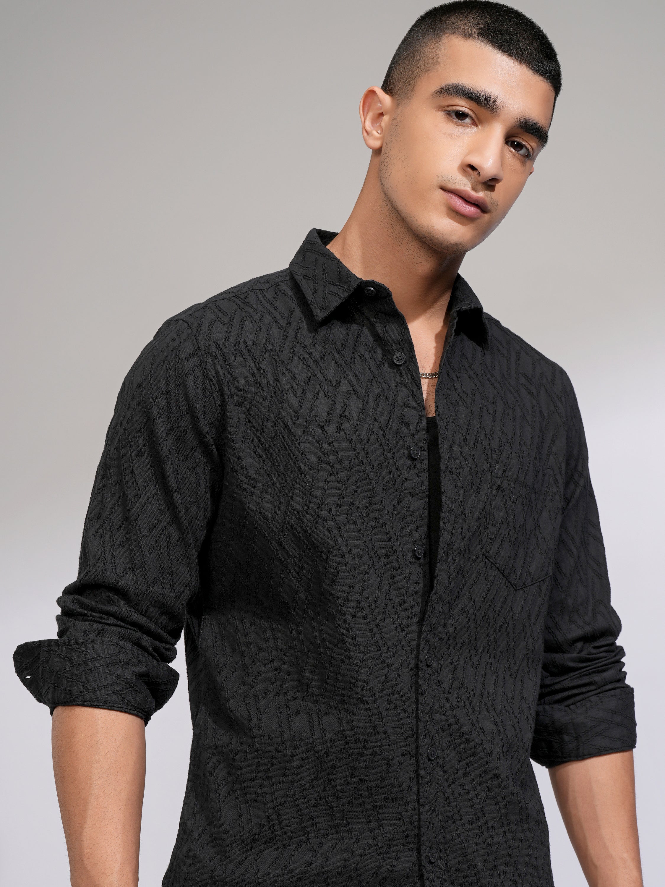 Highlander Men Black Self Design Slim Fit Casual Shirt - Black - Image 1