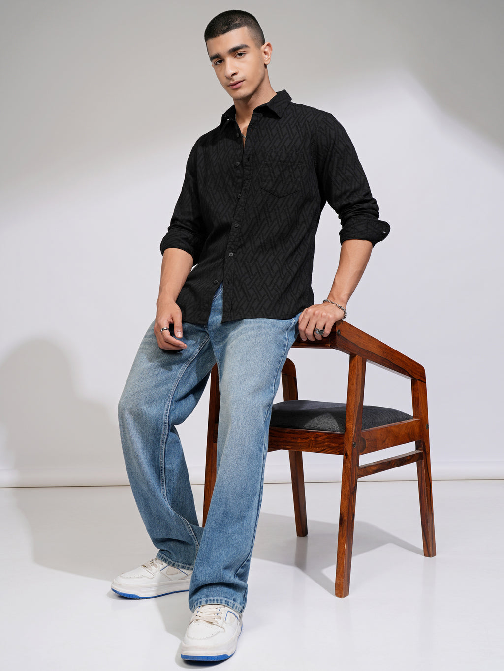 Highlander Men Black Self Design Slim Fit Casual Shirt - Black - Image 2
