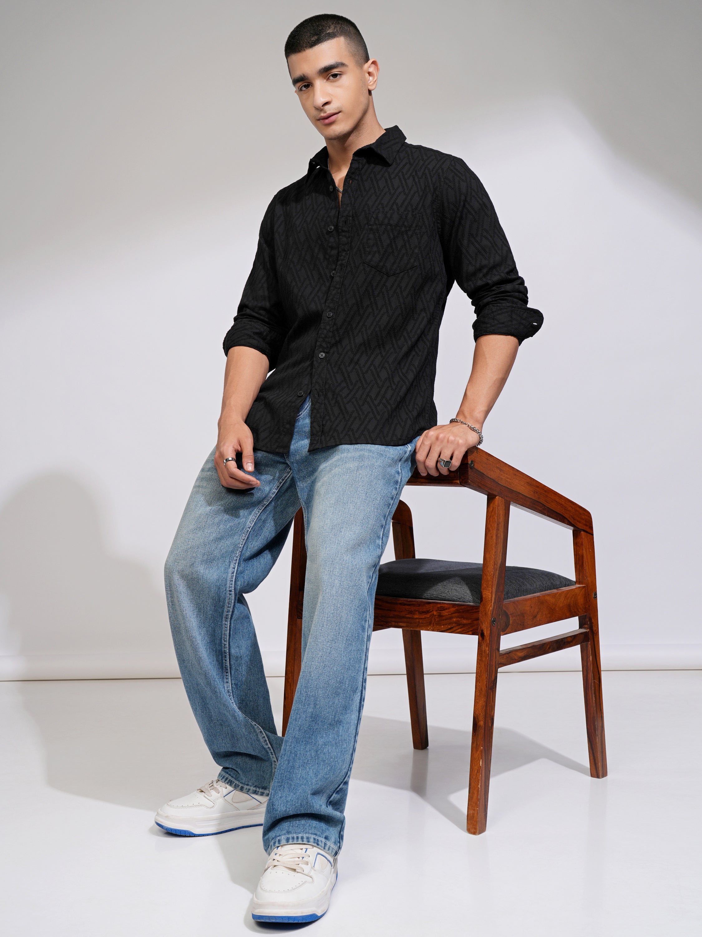 Highlander Men Black Self Design Slim Fit Casual Shirt - Black - Image 2