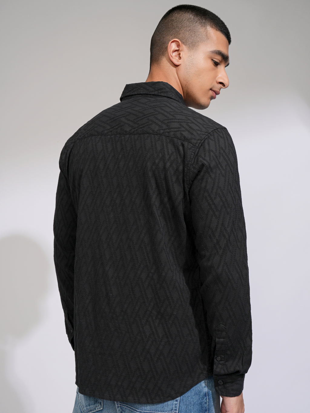 Highlander Men Black Self Design Slim Fit Casual Shirt - Black - Image 3