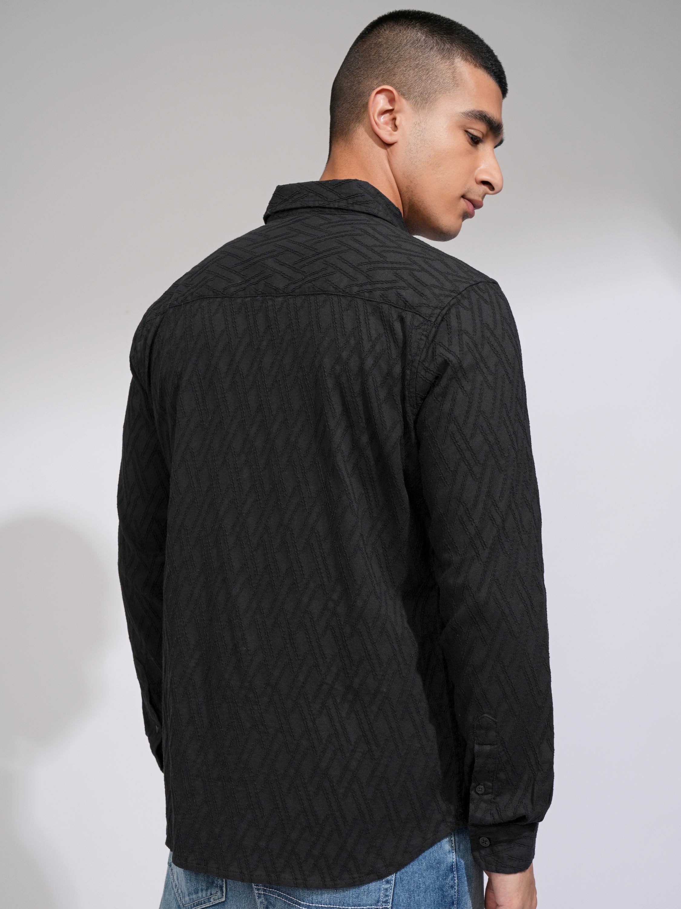 Highlander Men Black Self Design Slim Fit Casual Shirt - Black - Image 3
