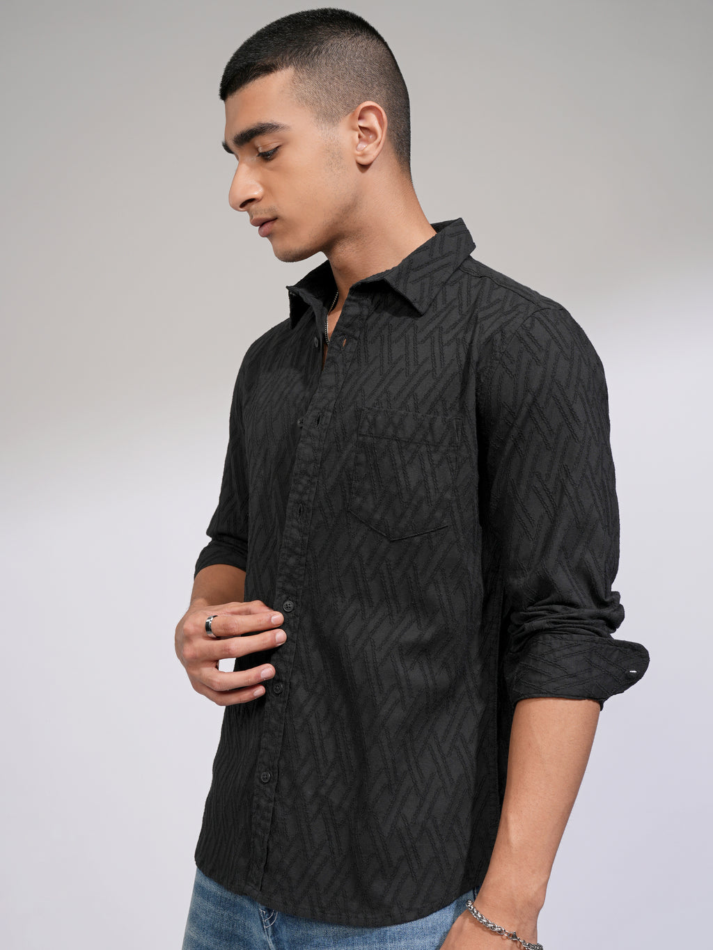 Highlander Men Black Self Design Slim Fit Casual Shirt - Black - Image 4