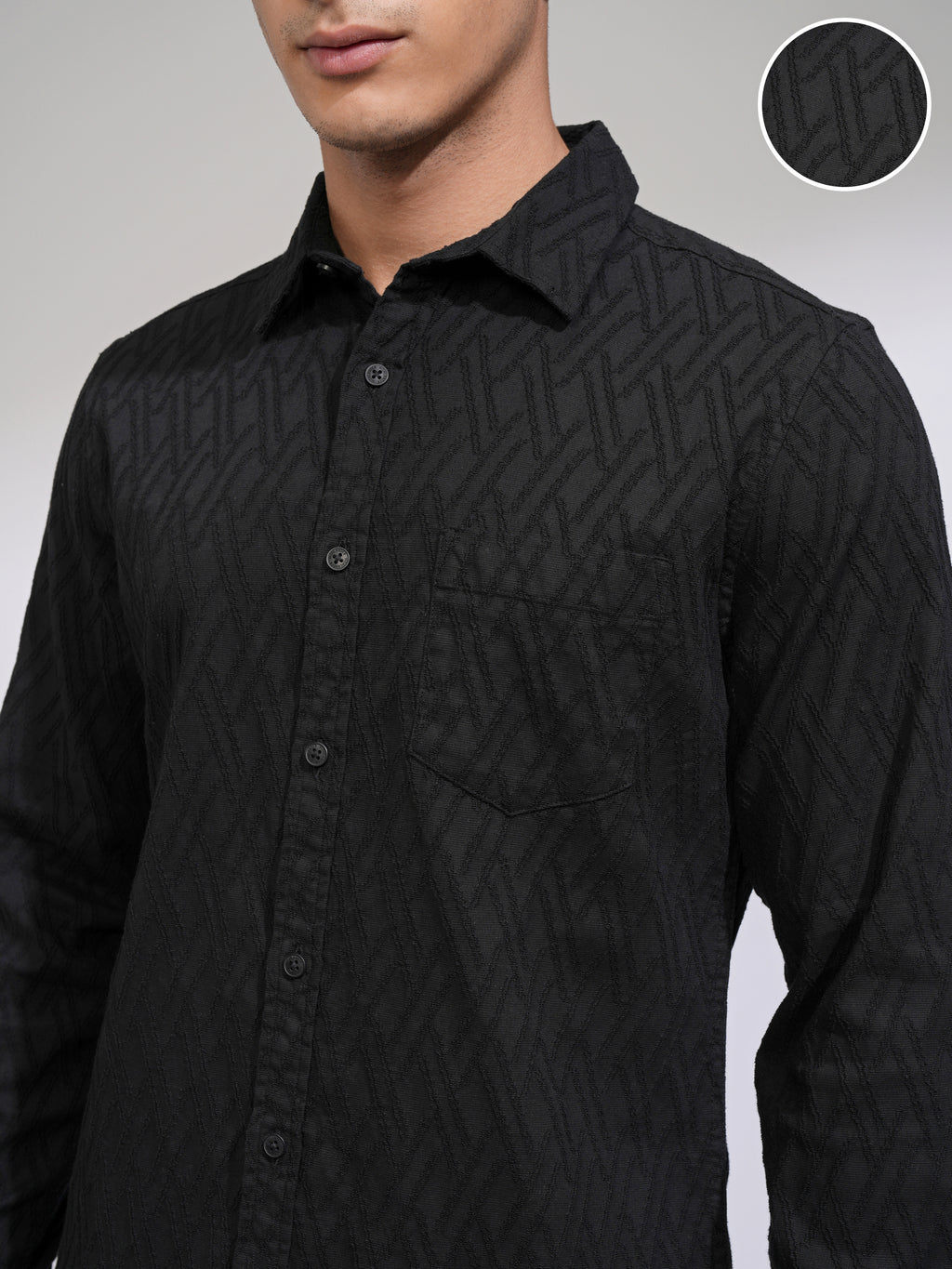Highlander Men Black Self Design Slim Fit Casual Shirt - Black - Image 5