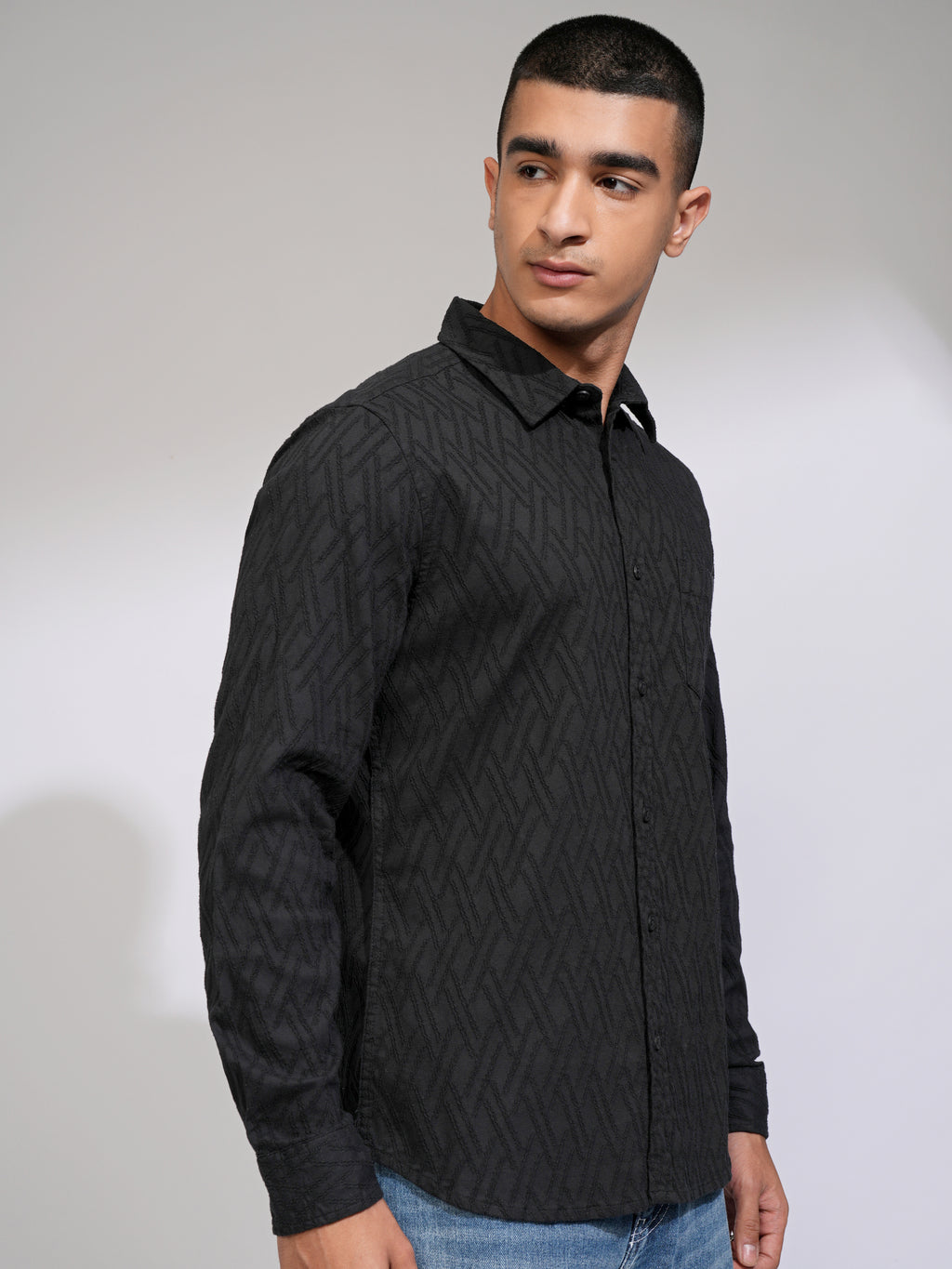 Highlander Men Black Self Design Slim Fit Casual Shirt - Black - Image 6