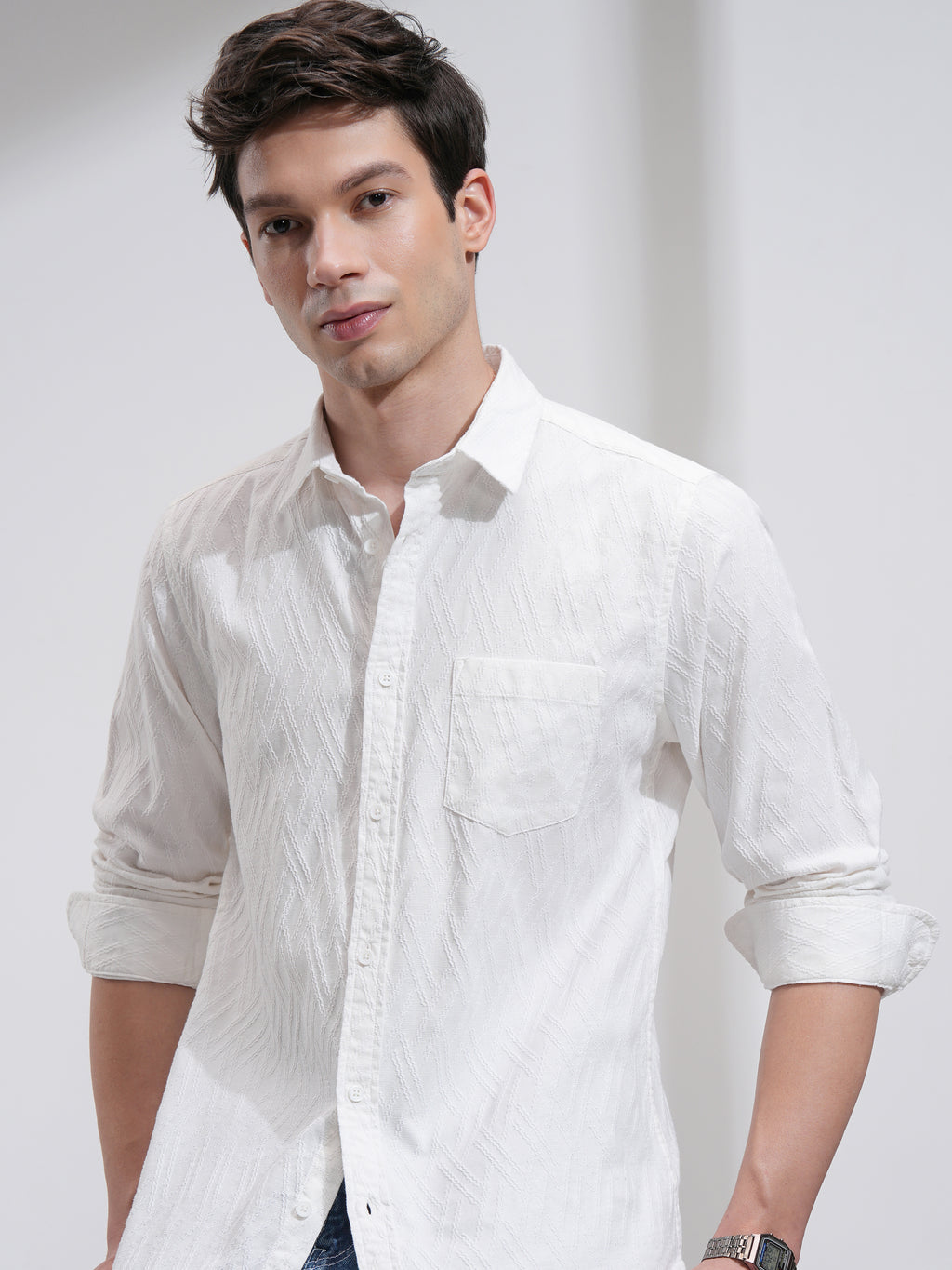 Highlander Men White Self Design Slim Fit Casual Shirt - White - Image 1