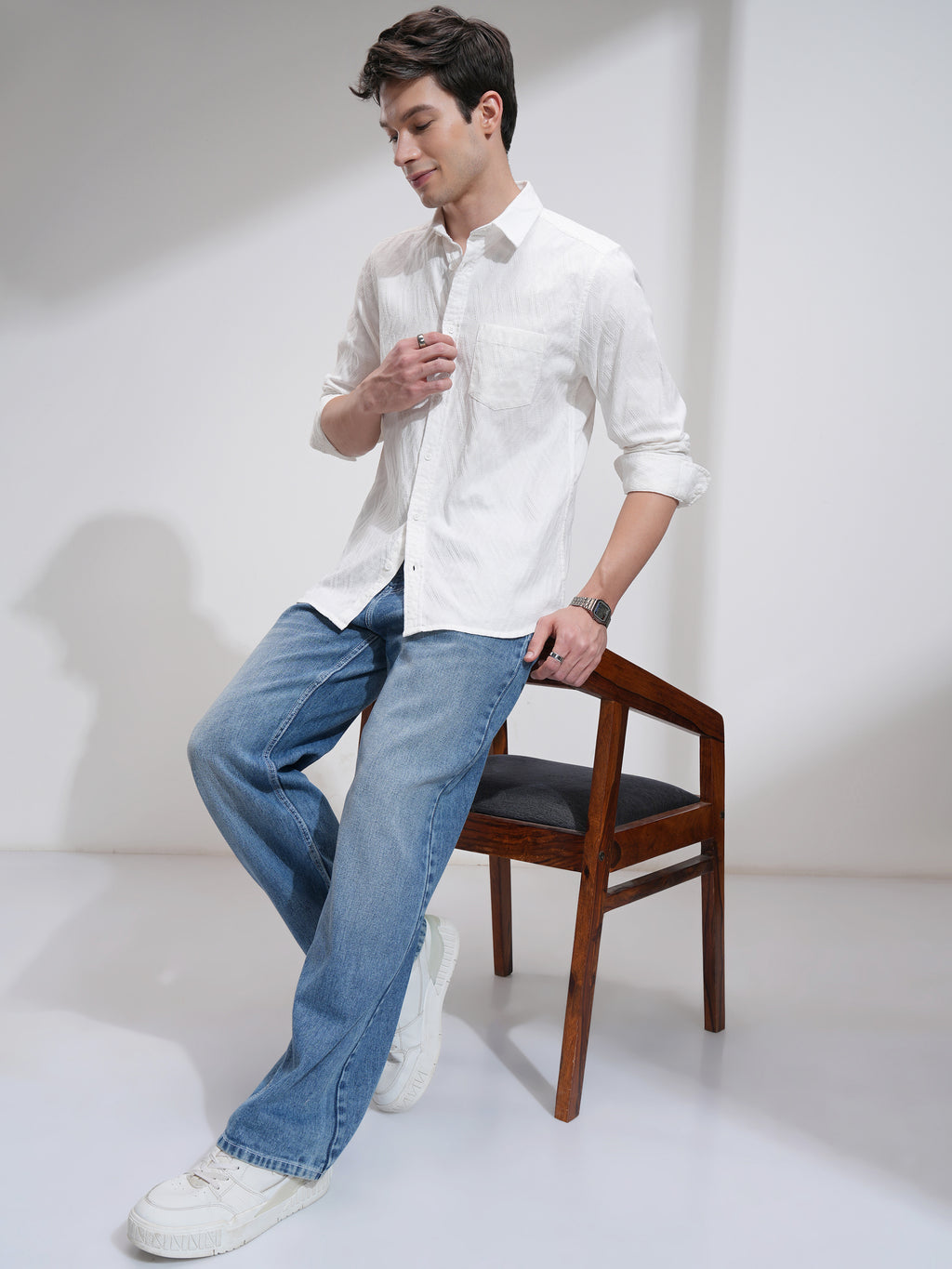 Highlander Men White Self Design Slim Fit Casual Shirt - White - Image 2