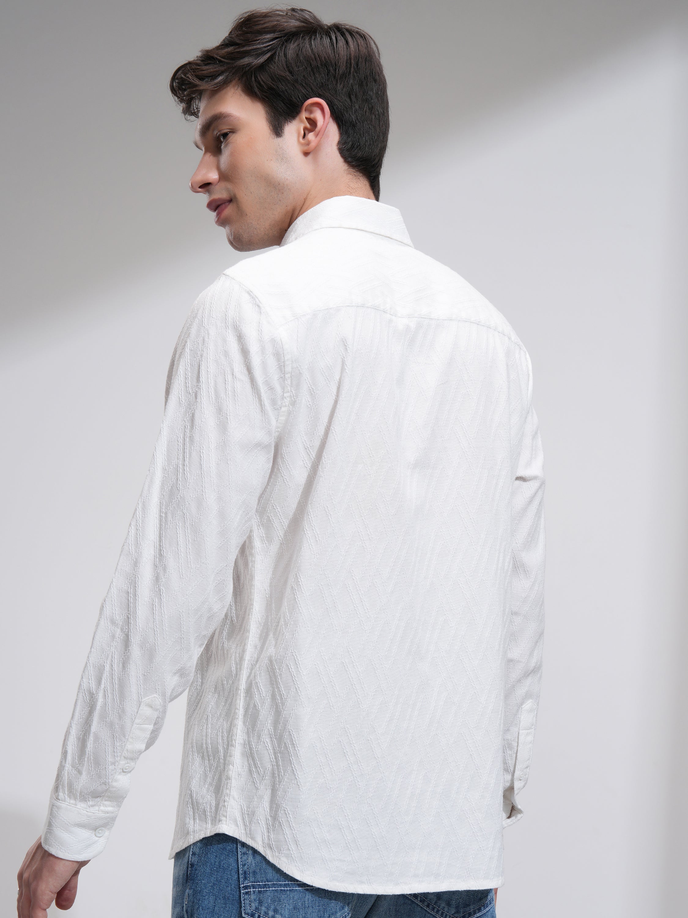 Highlander Men White Self Design Slim Fit Casual Shirt - White - Image 3