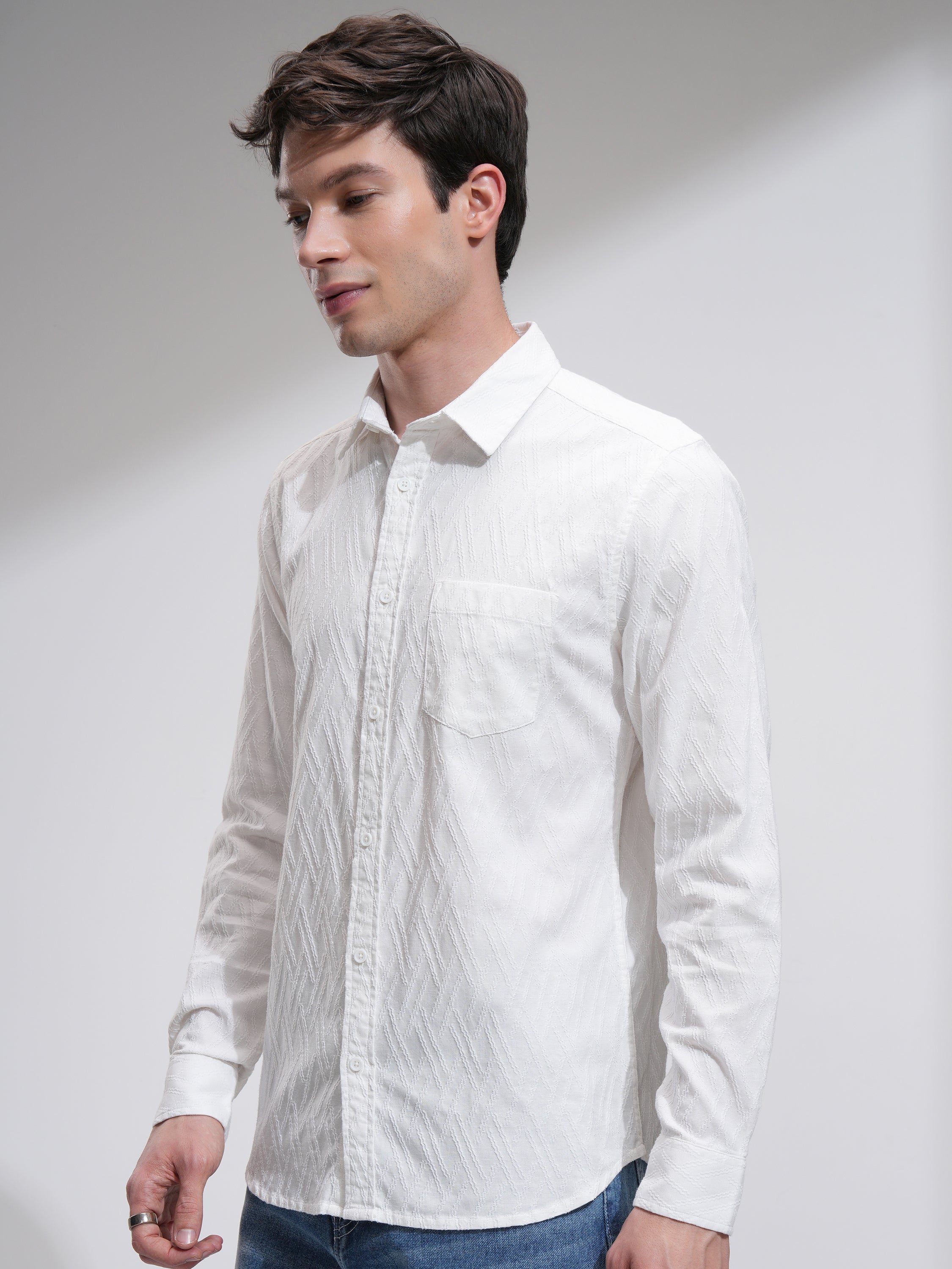 Highlander Men White Self Design Slim Fit Casual Shirt - White - Image 4