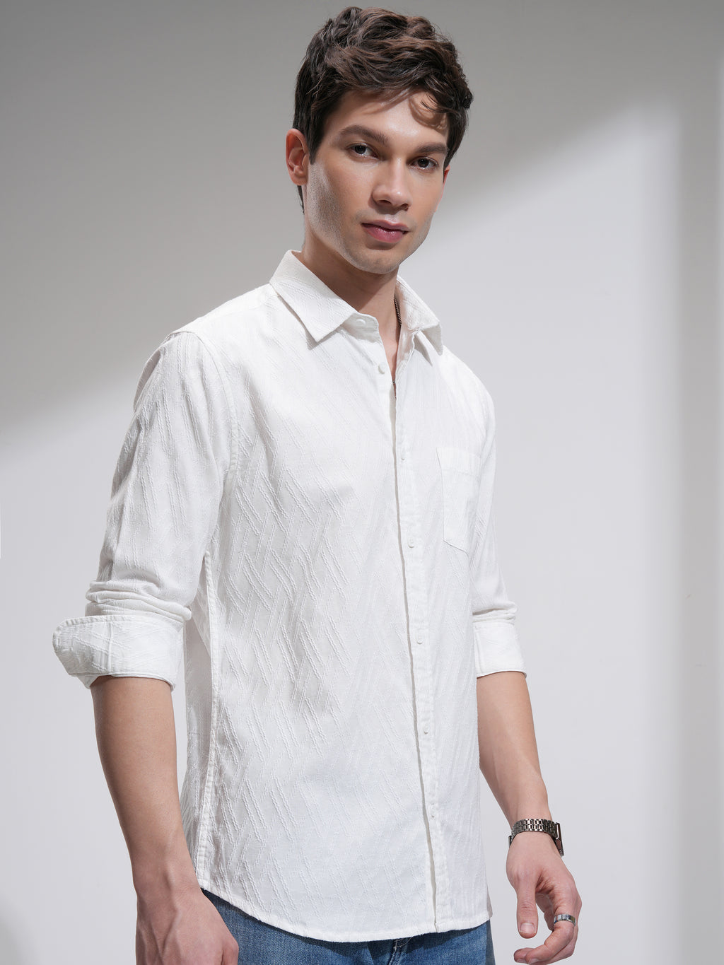 Highlander Men White Self Design Slim Fit Casual Shirt - White - Image 6