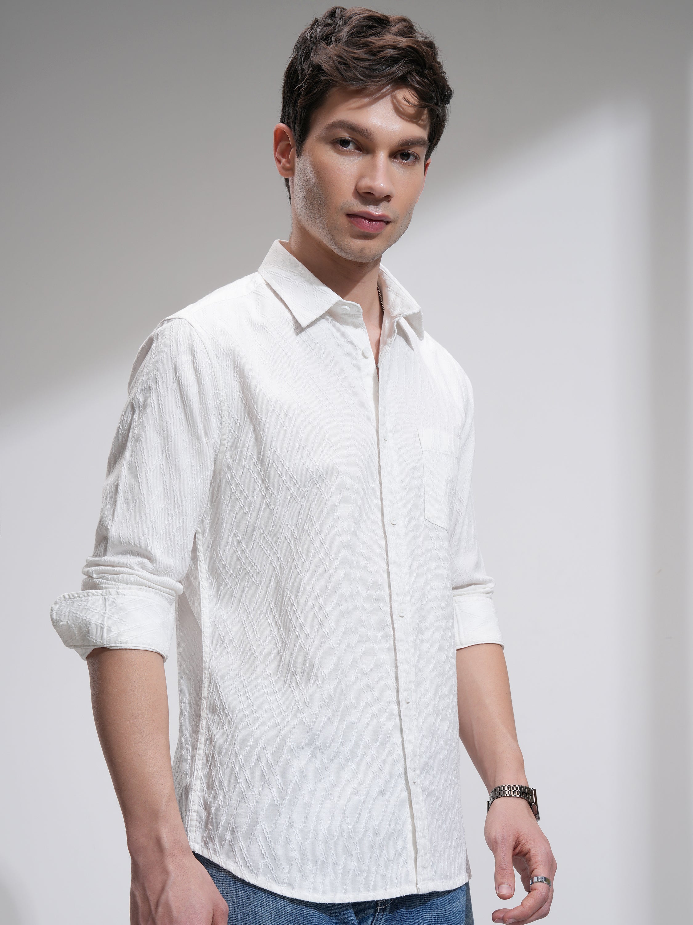 Highlander Men White Self Design Slim Fit Casual Shirt - White - Image 6