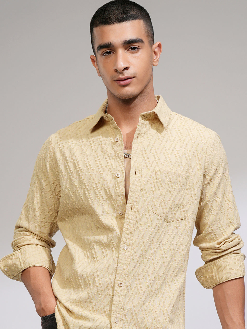 Highlander Men Beige Self Design Slim Fit Casual Shirt - Beige - Image 1