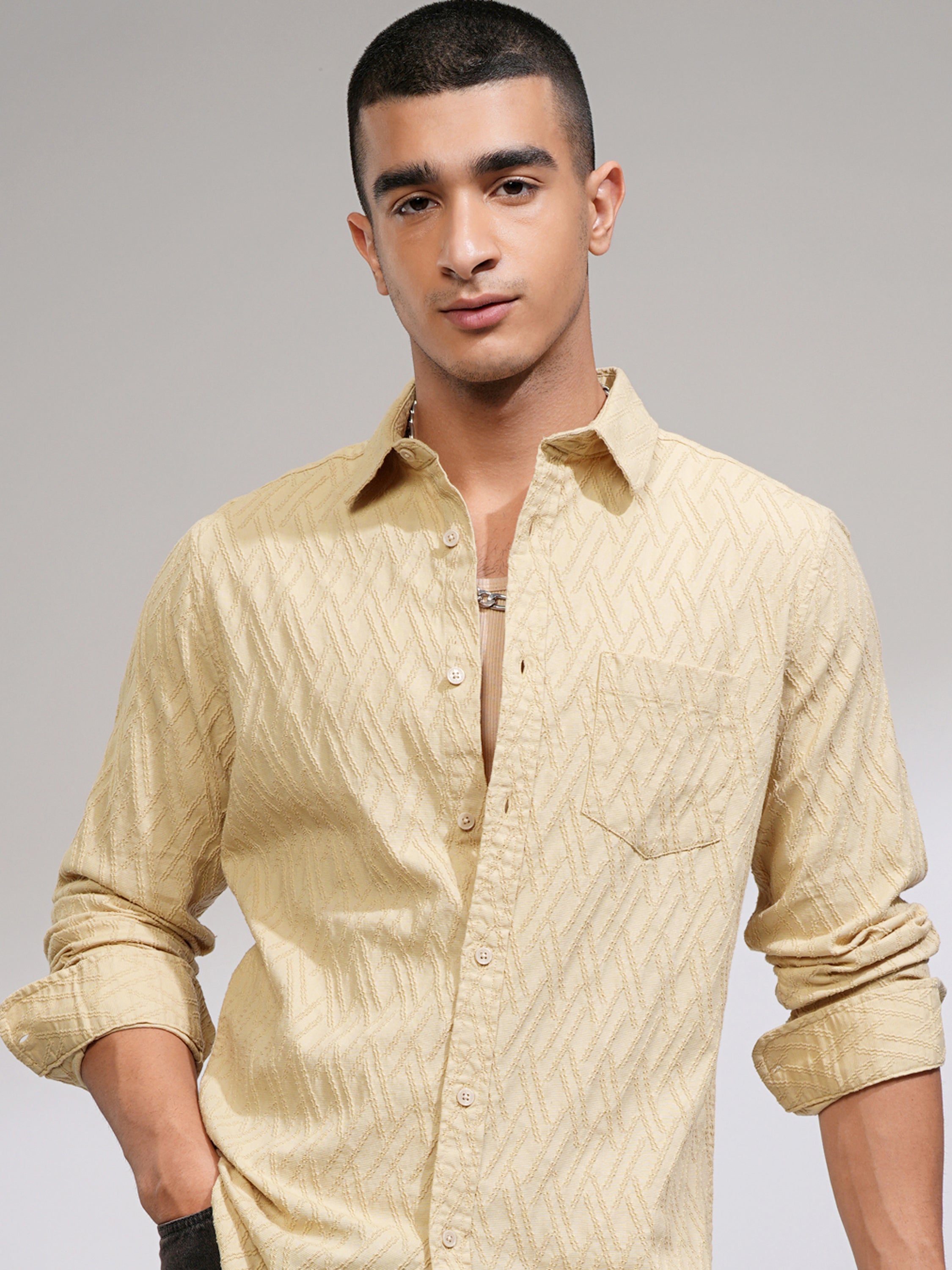 Highlander Men Beige Self Design Slim Fit Casual Shirt - Beige - Image 1