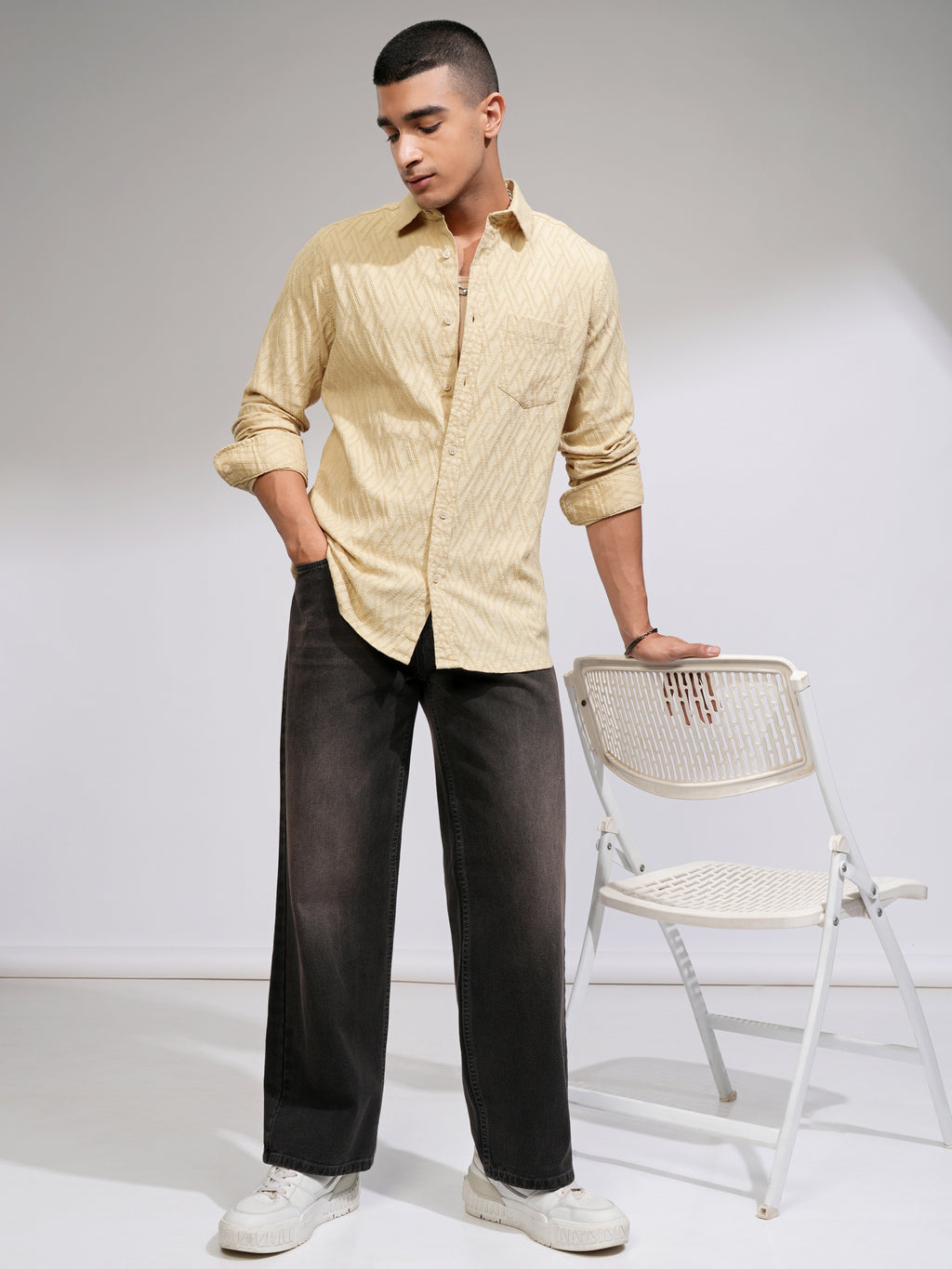 Highlander Men Beige Self Design Slim Fit Casual Shirt - Beige - Image 2