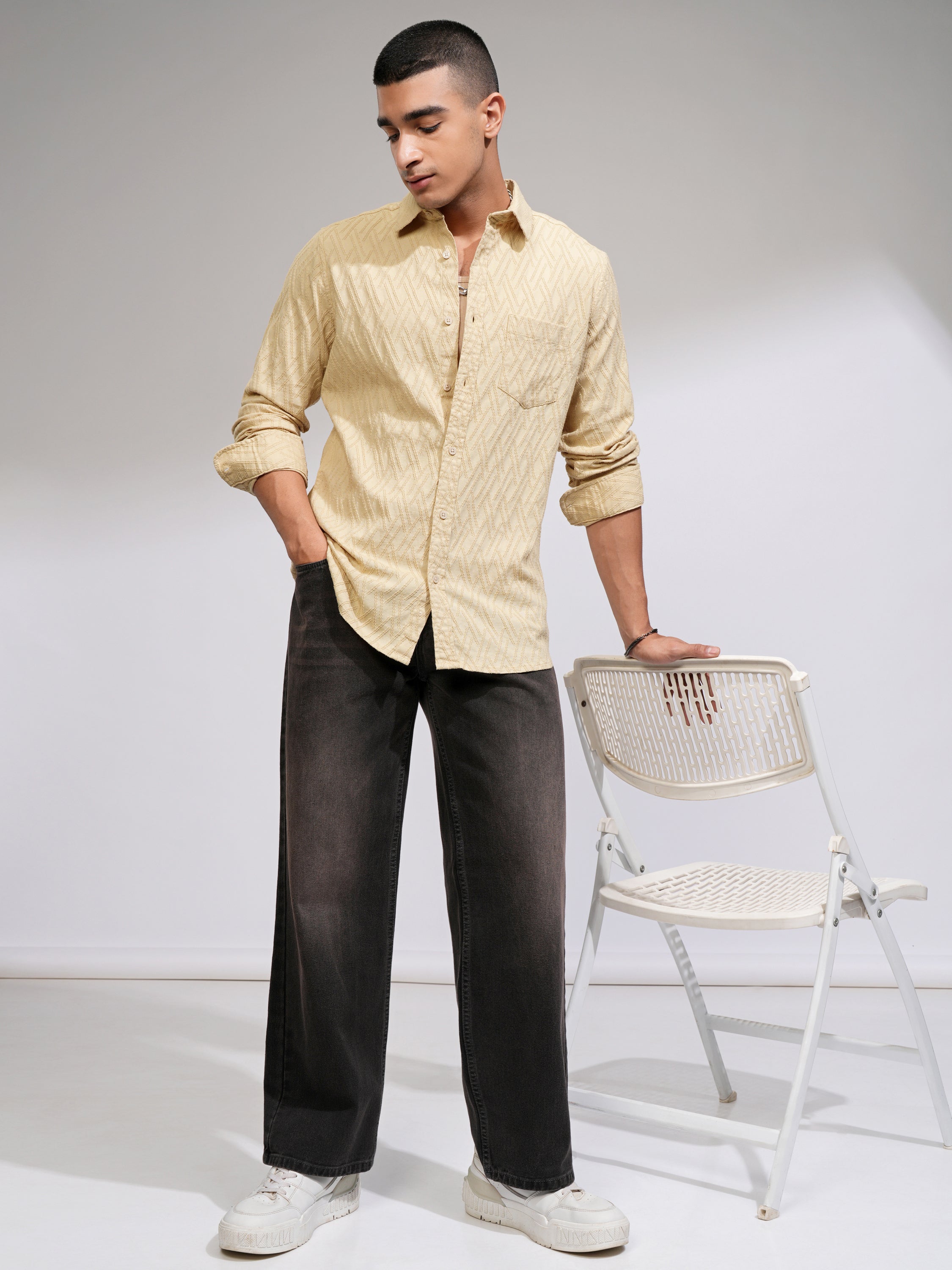 Highlander Men Beige Self Design Slim Fit Casual Shirt - Beige - Image 2