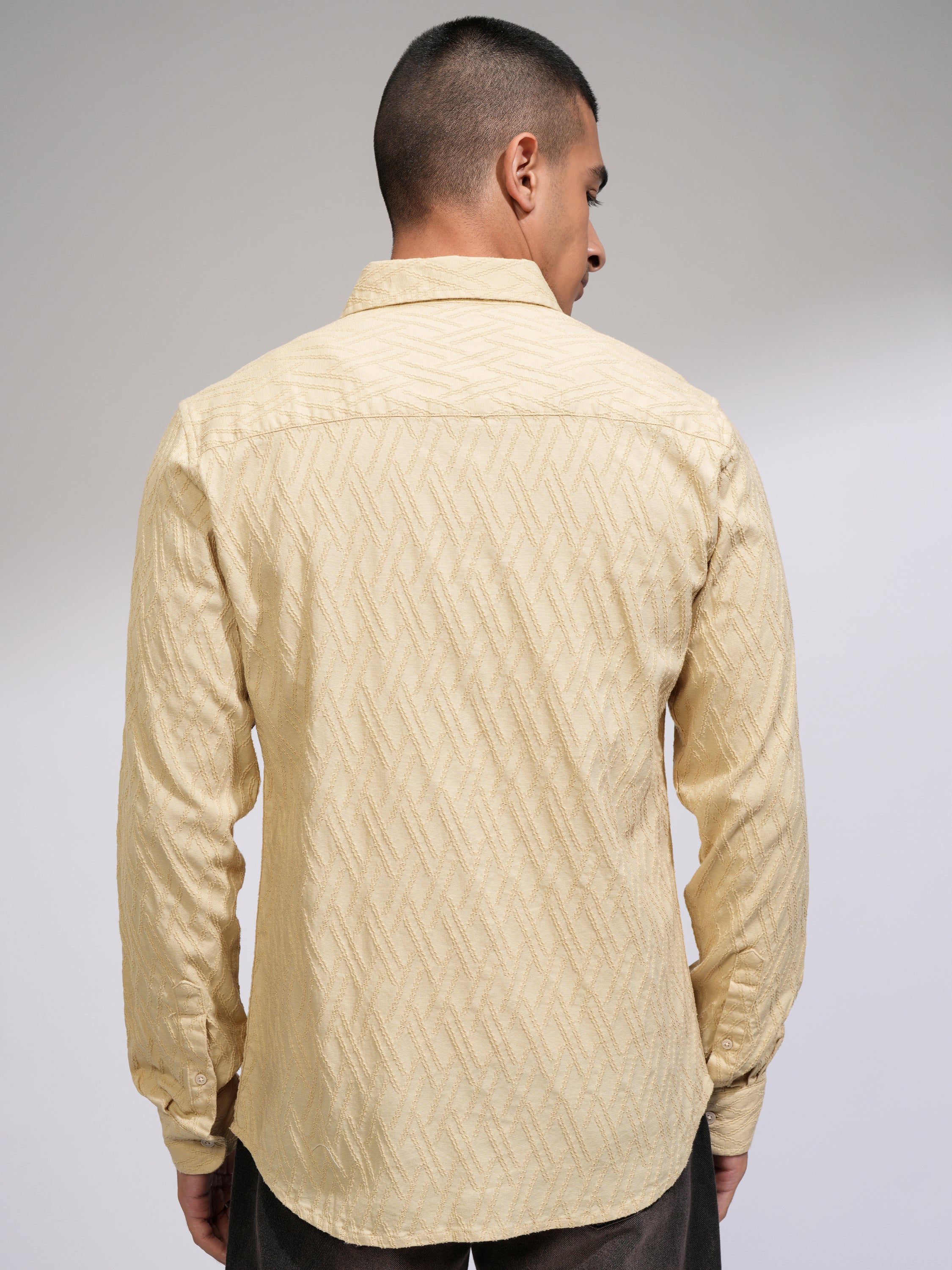 Highlander Men Beige Self Design Slim Fit Casual Shirt - Beige - Image 3
