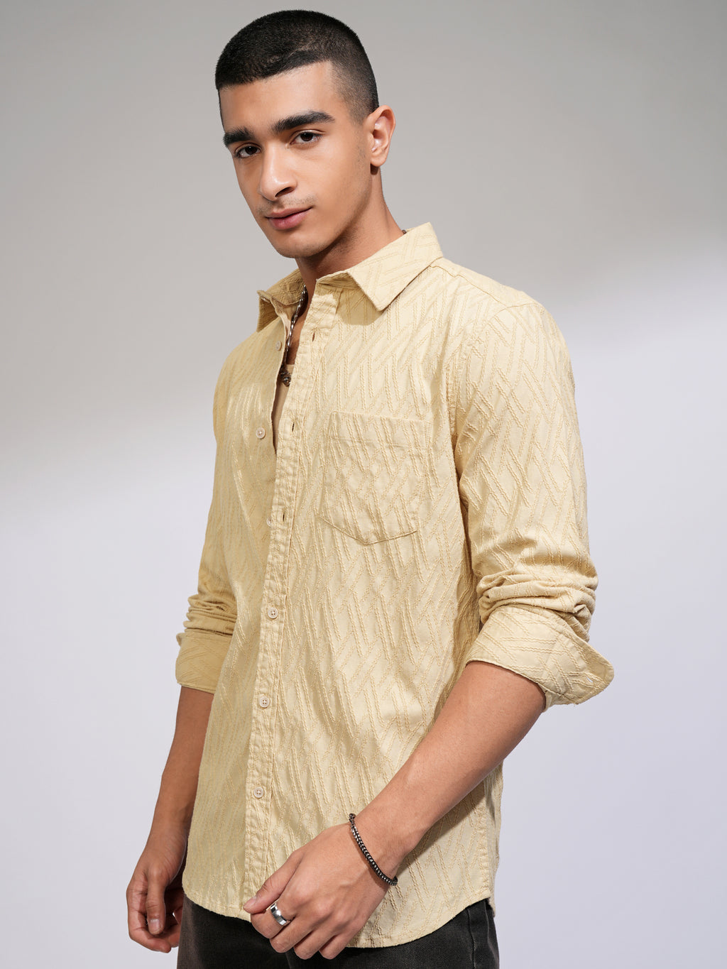 Highlander Men Beige Self Design Slim Fit Casual Shirt - Beige - Image 4