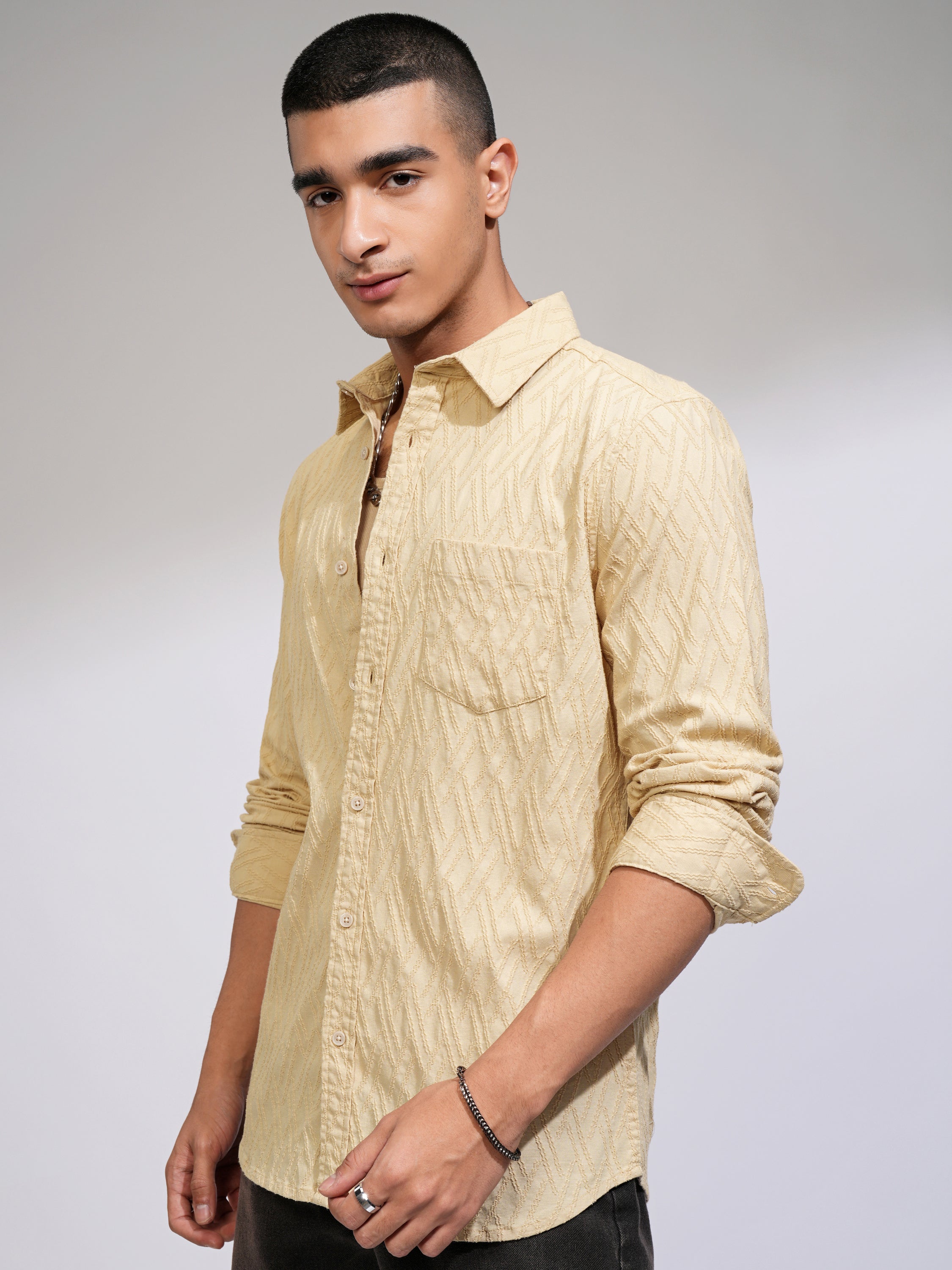 Highlander Men Beige Self Design Slim Fit Casual Shirt - Beige - Image 4