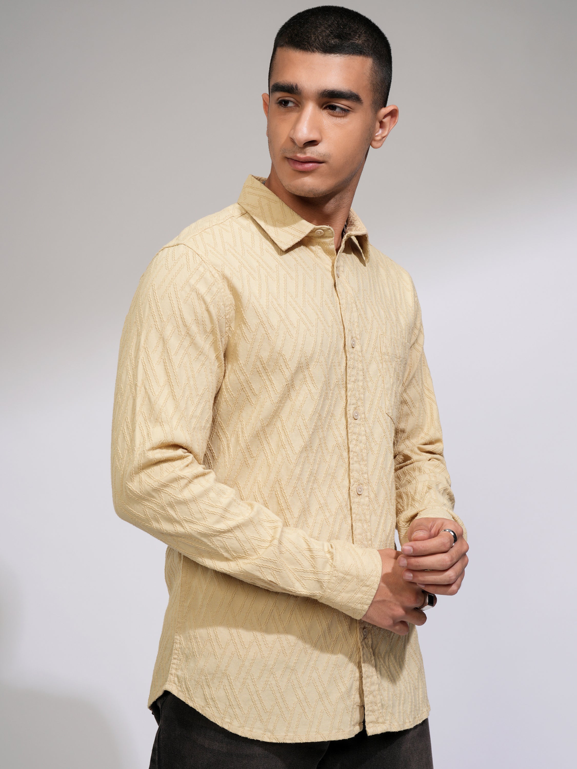 Highlander Men Beige Self Design Slim Fit Casual Shirt - Beige - Image 6