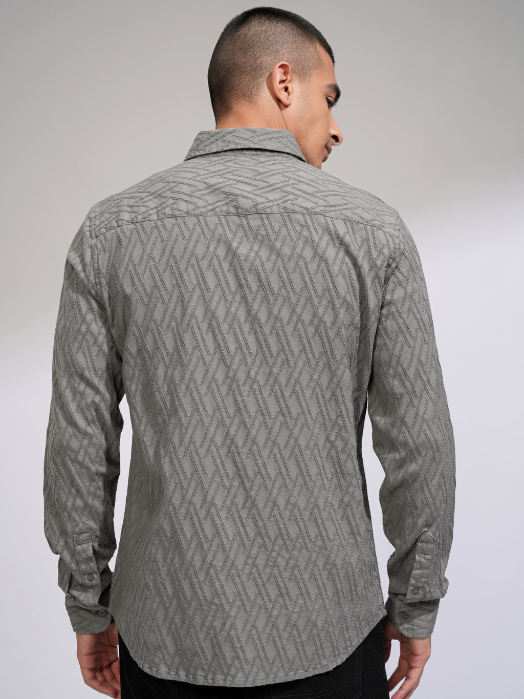 Highlander Men Grey Textured Slim Fit Casual Shirt - Grey - Image 3