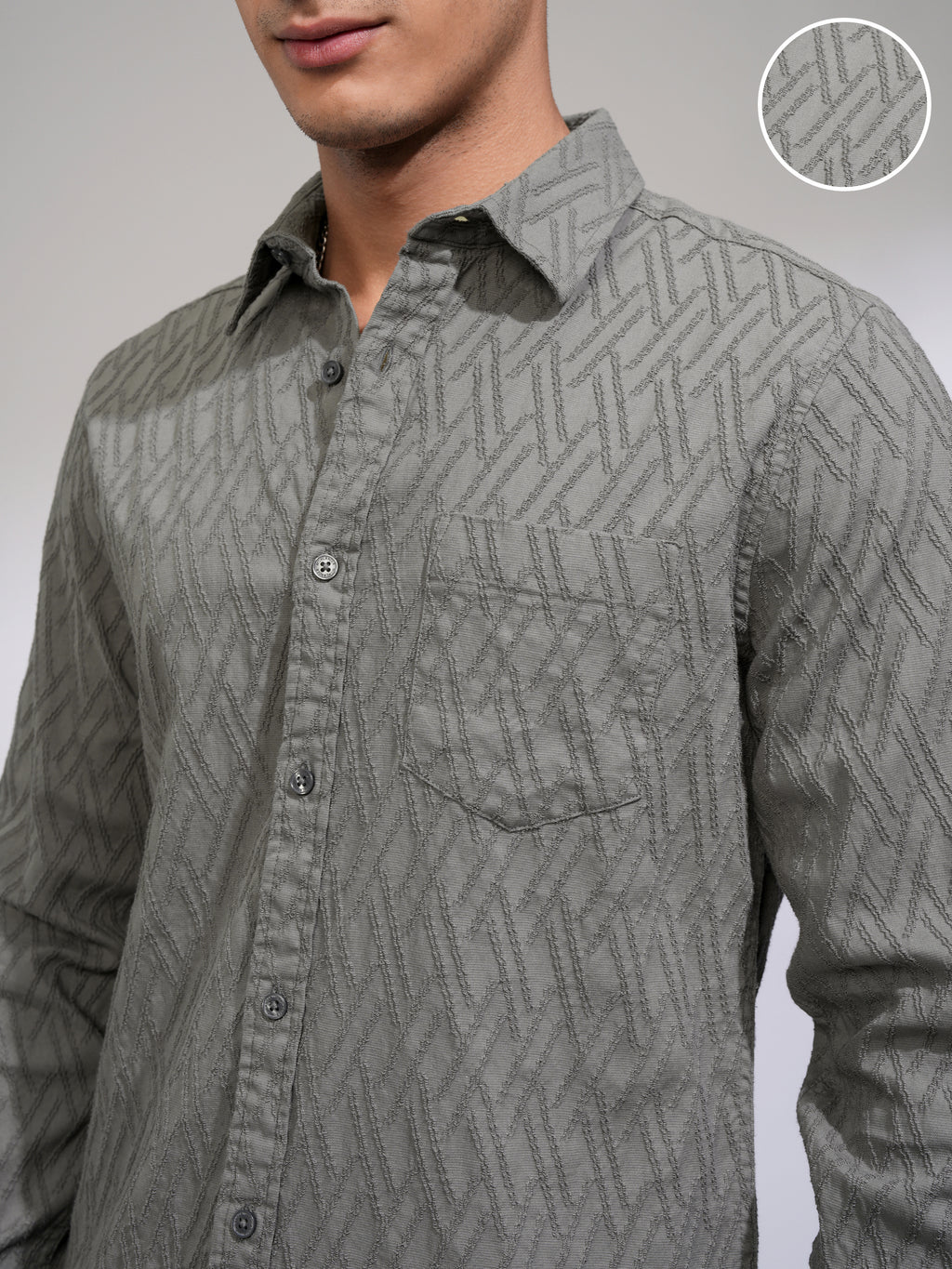 Highlander Men Grey Textured Slim Fit Casual Shirt - Grey - Image 5