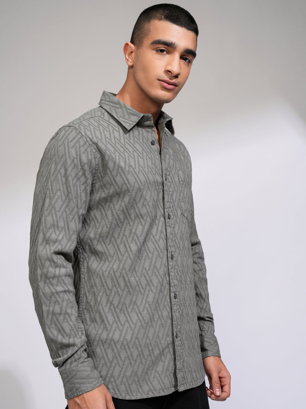 Highlander Men Grey Textured Slim Fit Casual Shirt - Grey - Image 6