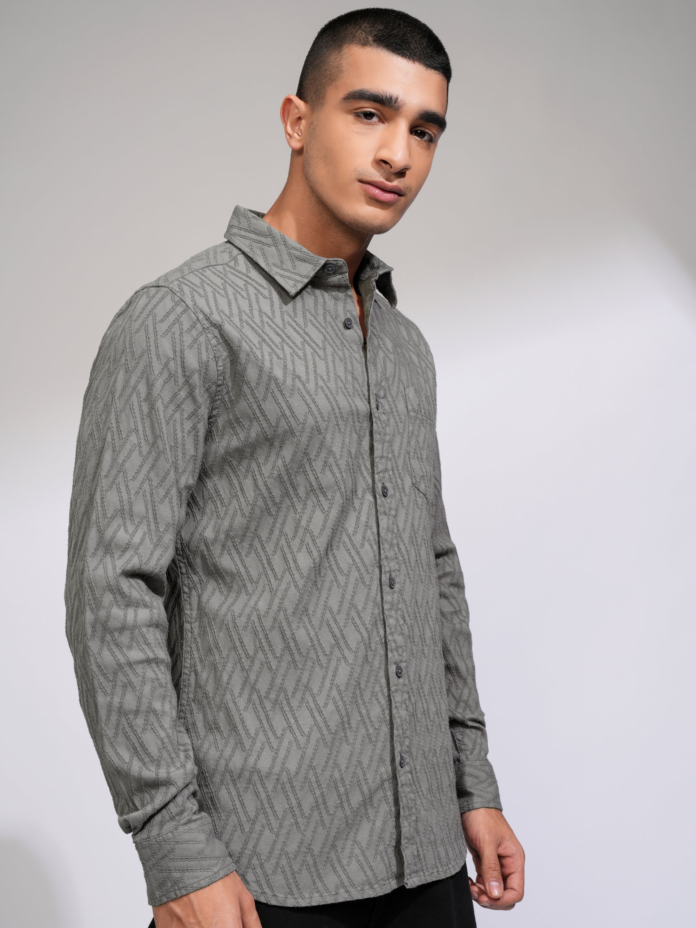 Highlander Men Grey Textured Slim Fit Casual Shirt - Grey - Image 6