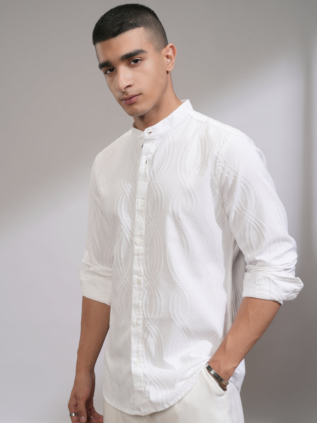 Highlander Men White Textured Slim Fit Casual Shirt - White - Image 4